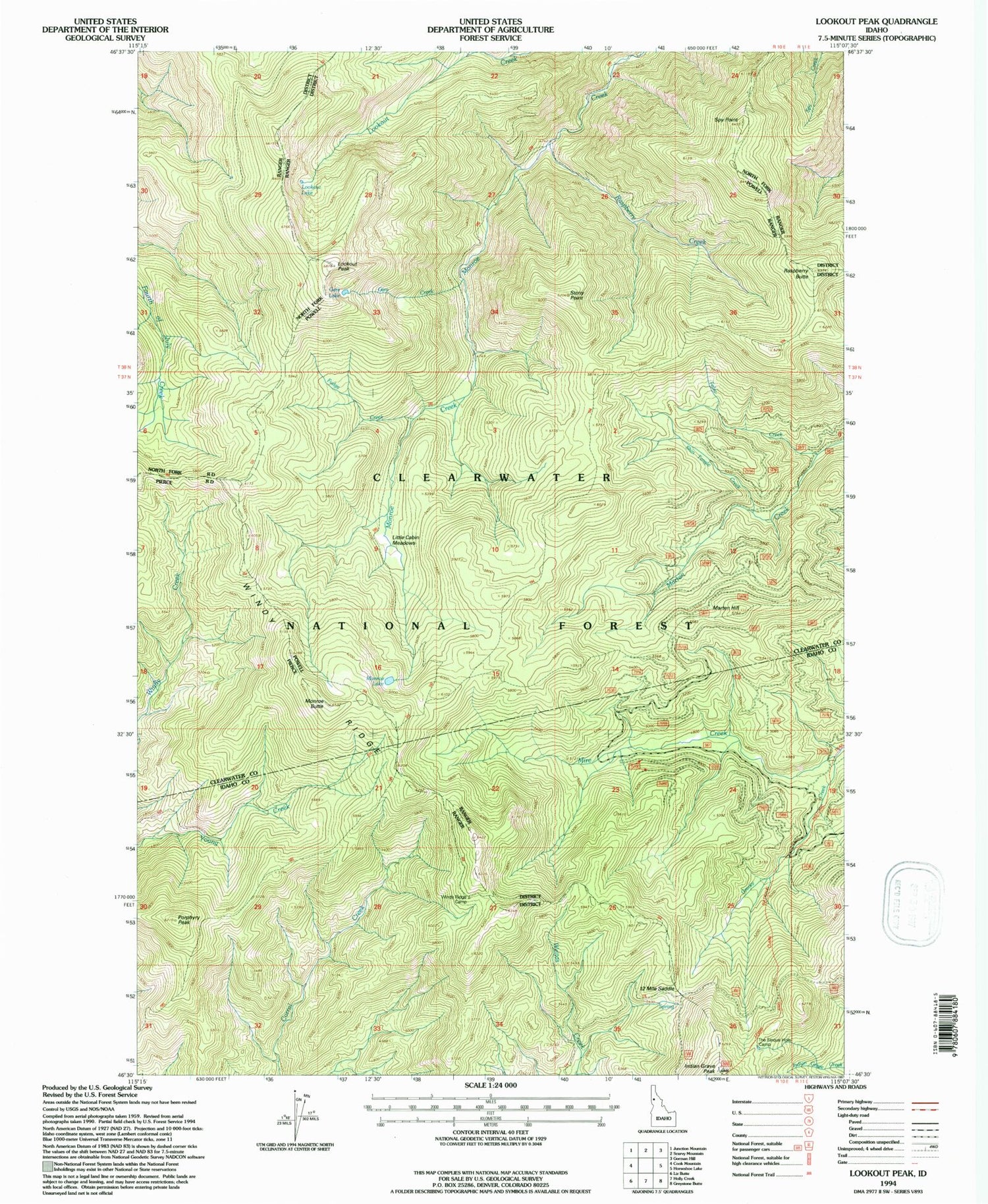 Classic USGS Lookout Peak Idaho 7.5'x7.5' Topo Map Image