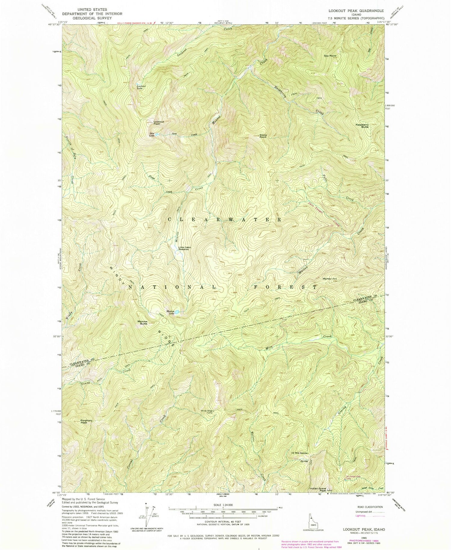 Classic USGS Lookout Peak Idaho 7.5'x7.5' Topo Map Image