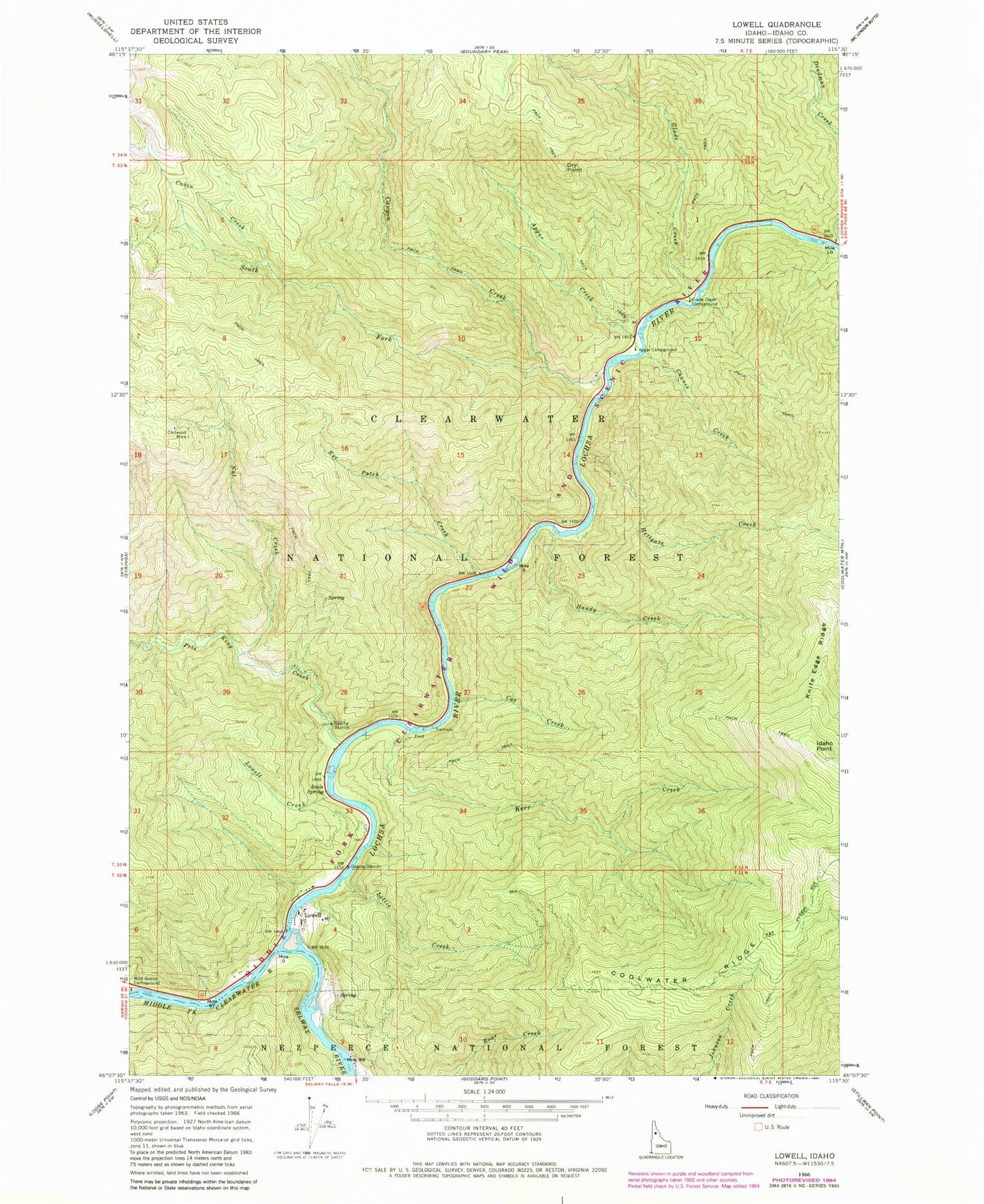 Classic USGS Lowell Idaho 7.5'x7.5' Topo Map Image