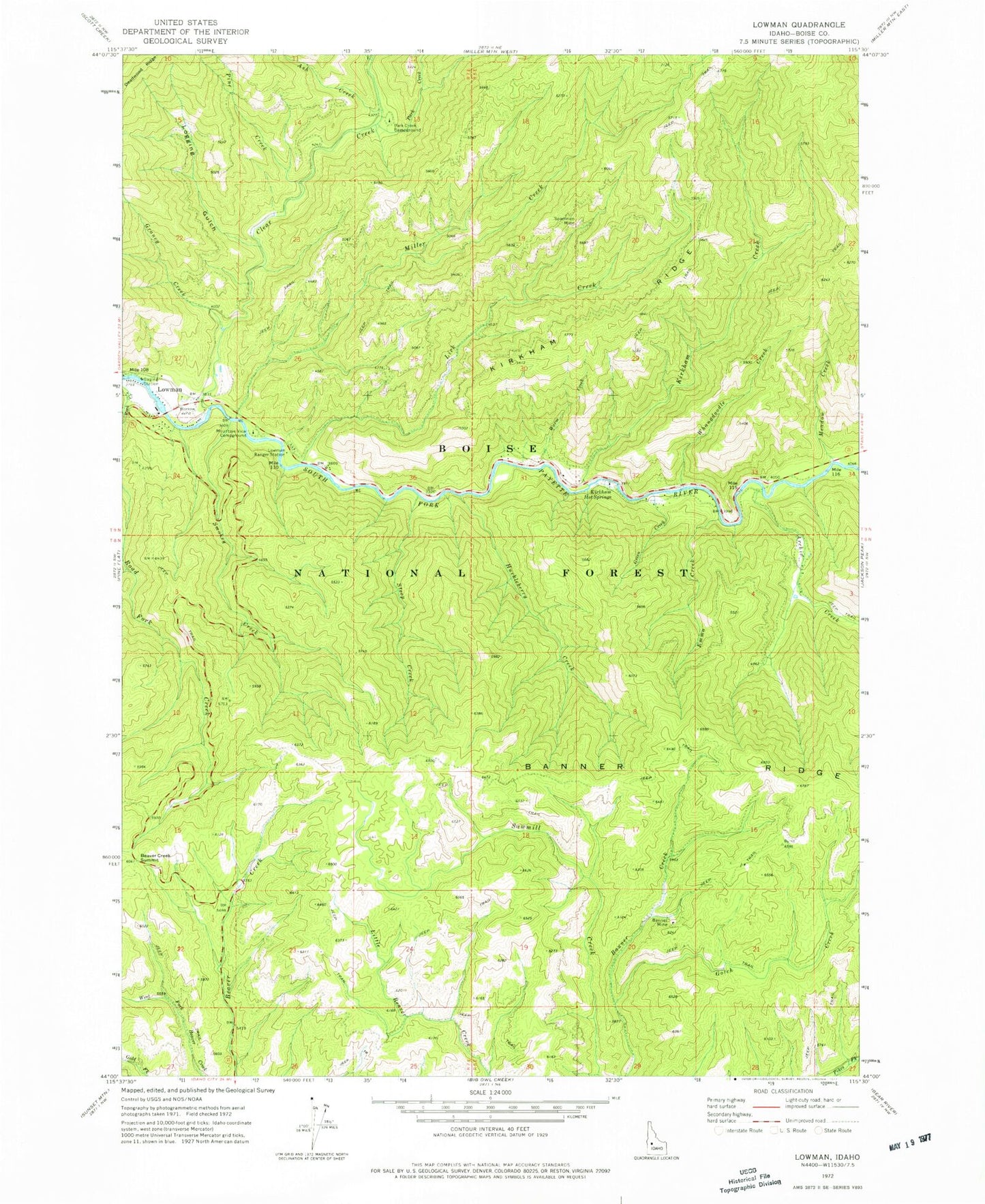 Classic USGS Lowman Idaho 7.5'x7.5' Topo Map Image