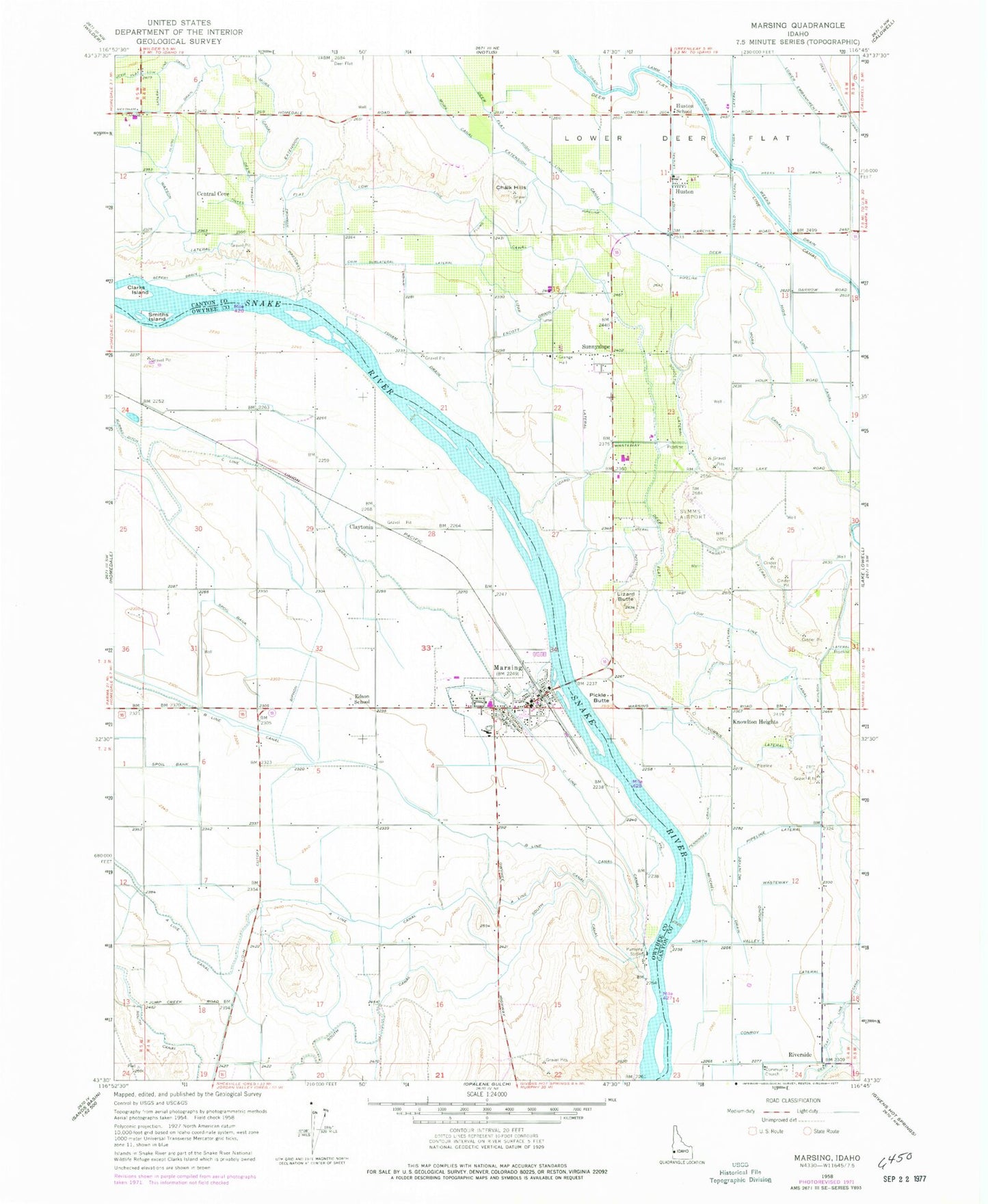 Classic USGS Marsing Idaho 7.5'x7.5' Topo Map Image