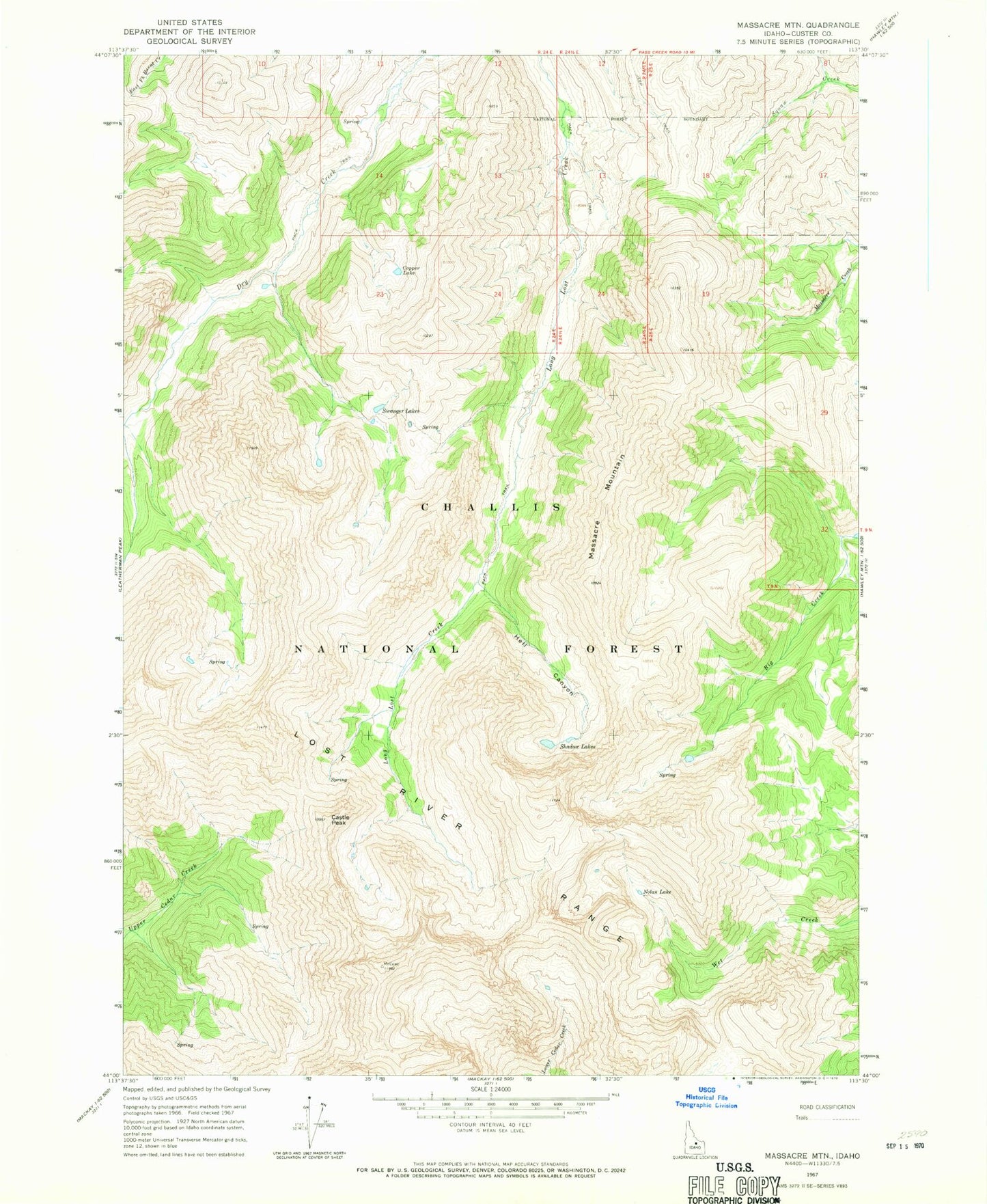 Classic USGS Massacre Mountain Idaho 7.5'x7.5' Topo Map Image