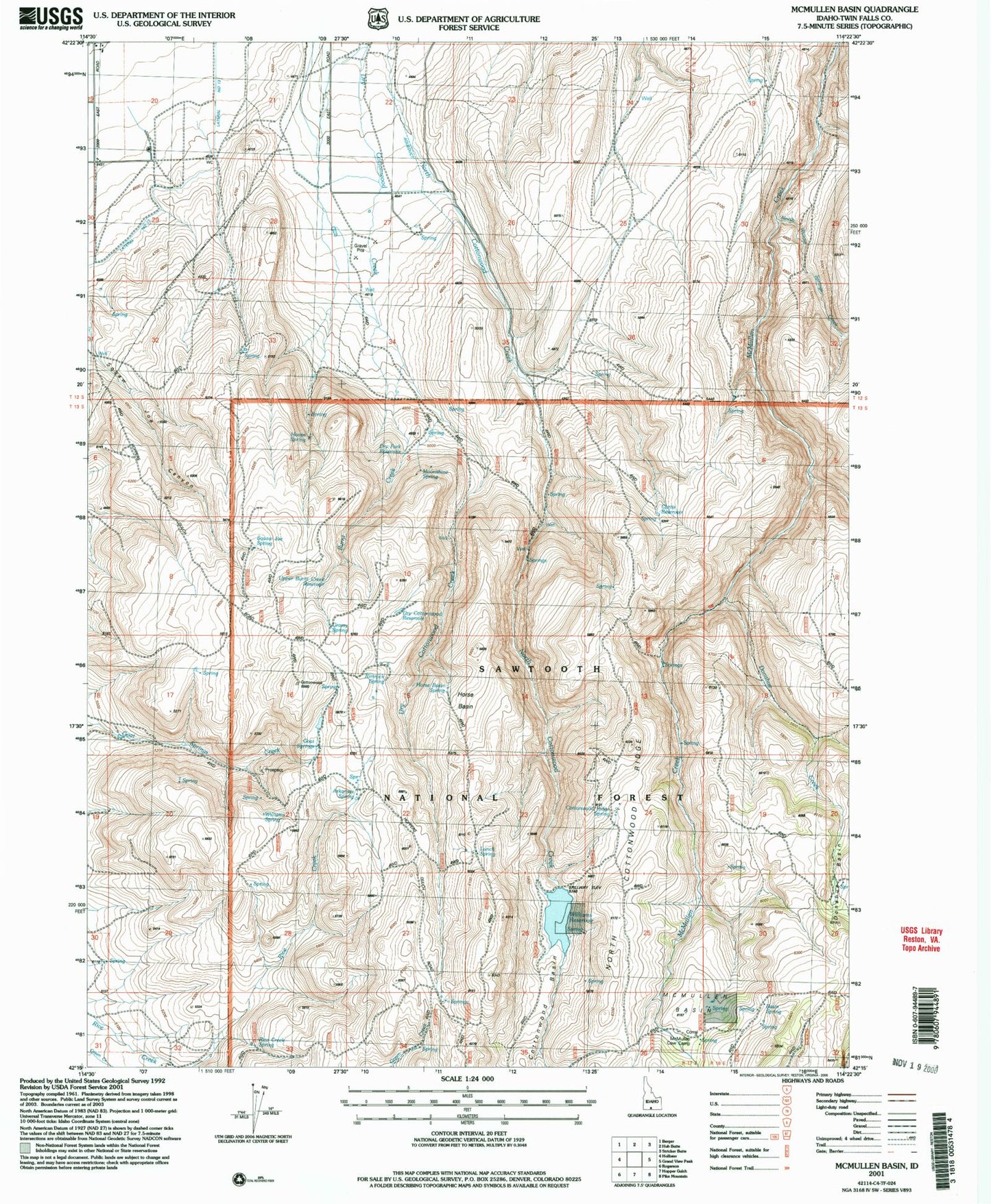 Classic USGS McMullen Basin Idaho 7.5'x7.5' Topo Map Image