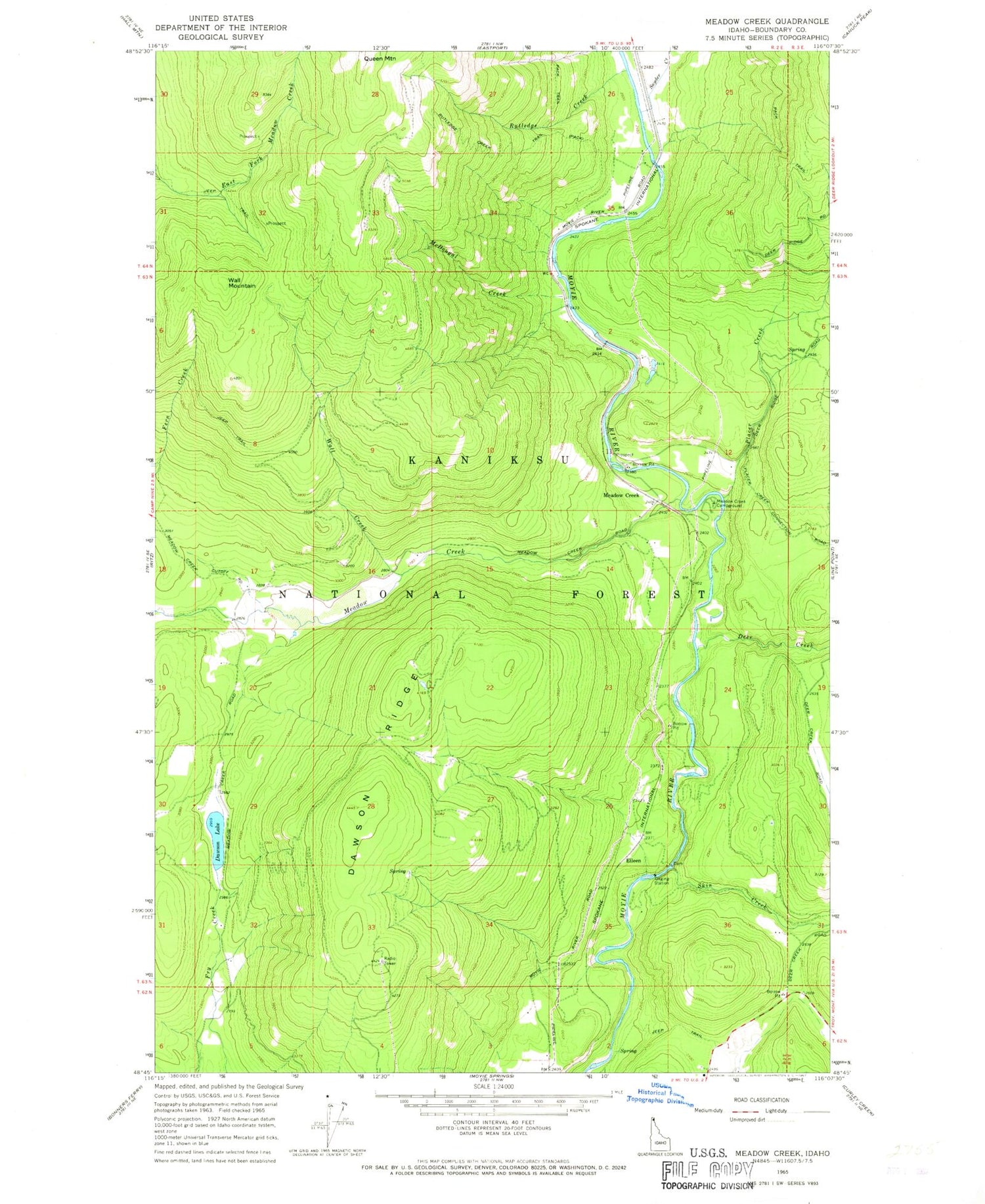 Classic USGS Meadow Creek Idaho 7.5'x7.5' Topo Map Image
