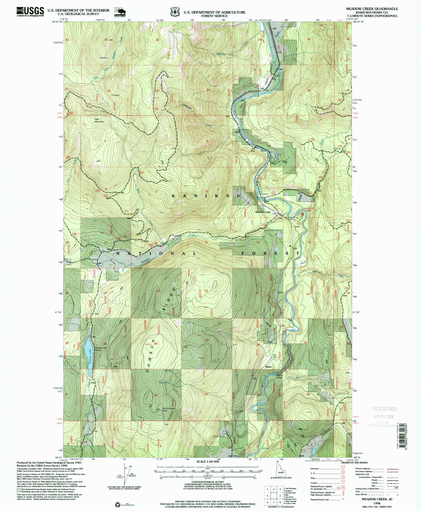 Classic USGS Meadow Creek Idaho 7.5'x7.5' Topo Map Image