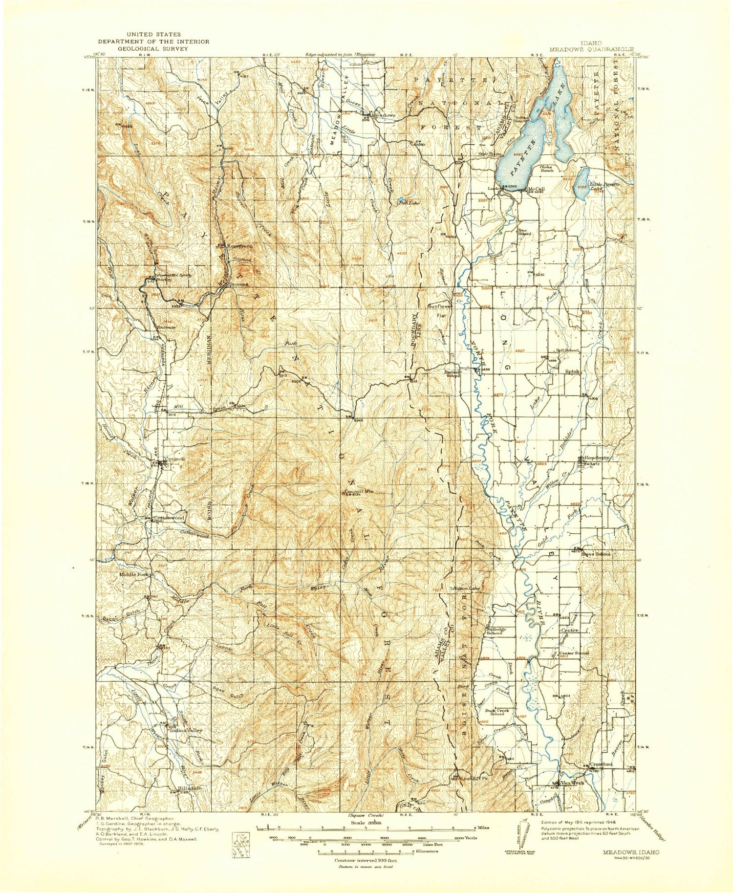Historic 1911 Meadows Idaho 30'x30' Topo Map Image