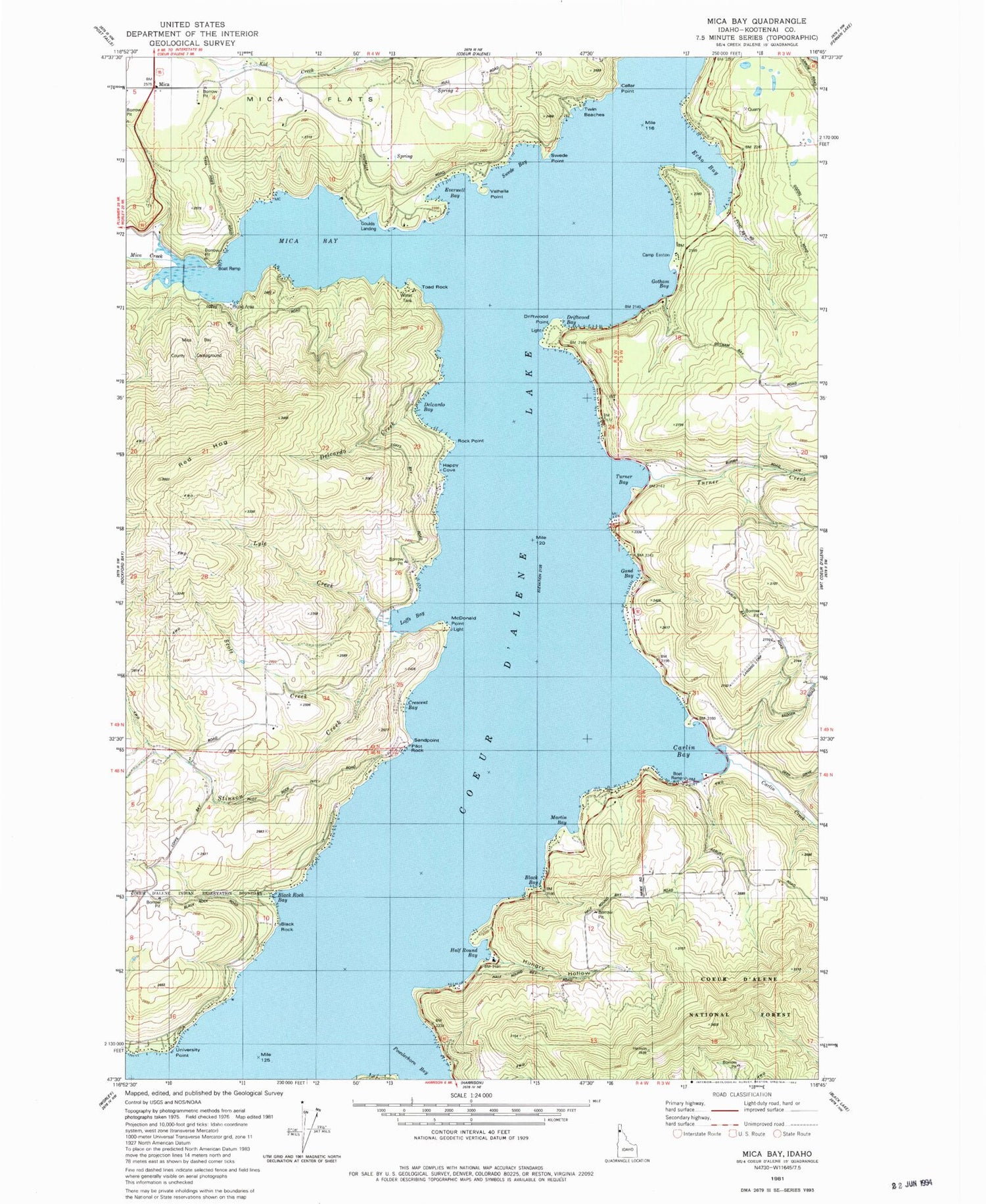 Classic USGS Mica Bay Idaho 7.5'x7.5' Topo Map Image