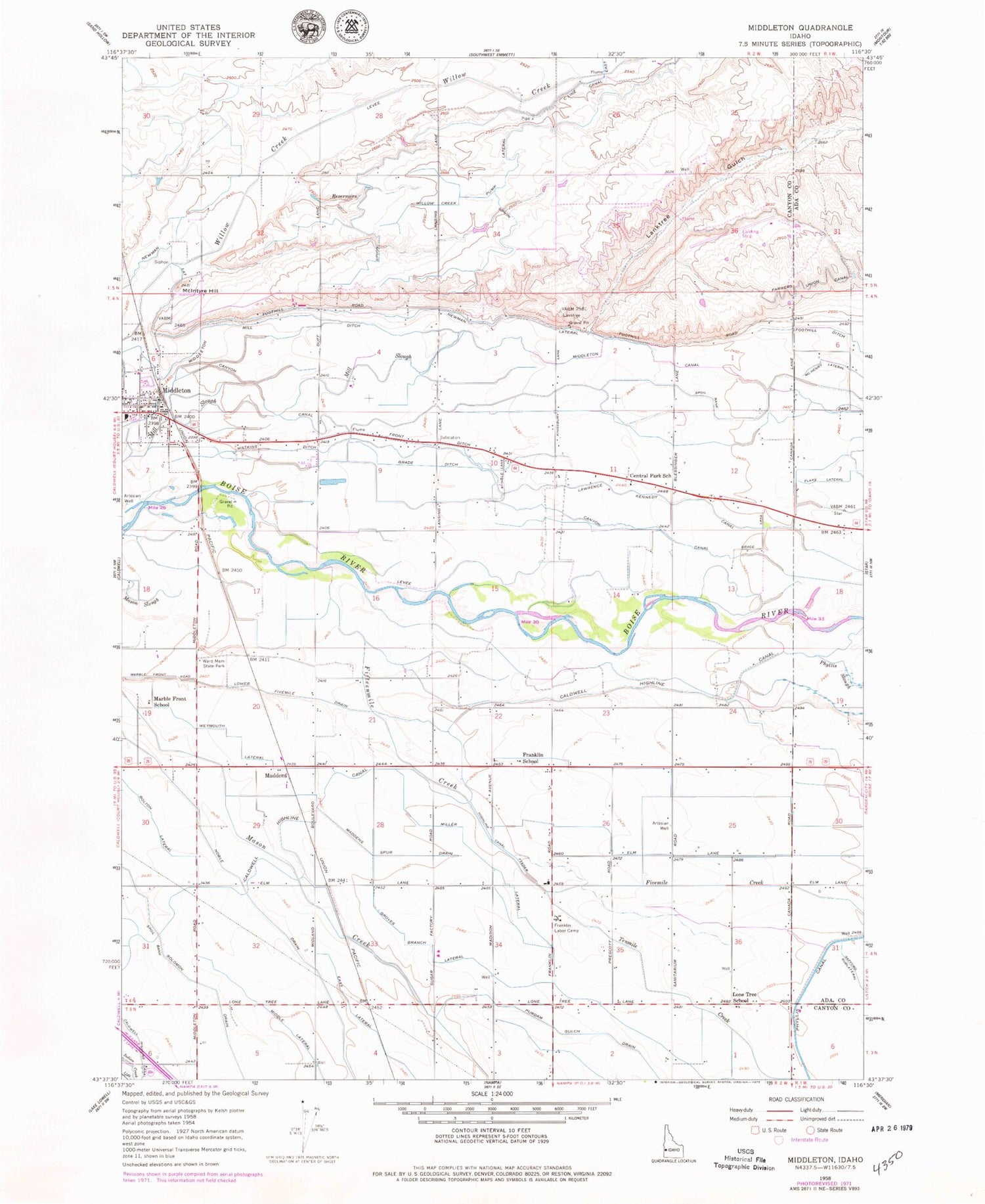 Classic USGS Middleton Idaho 7.5'x7.5' Topo Map Image