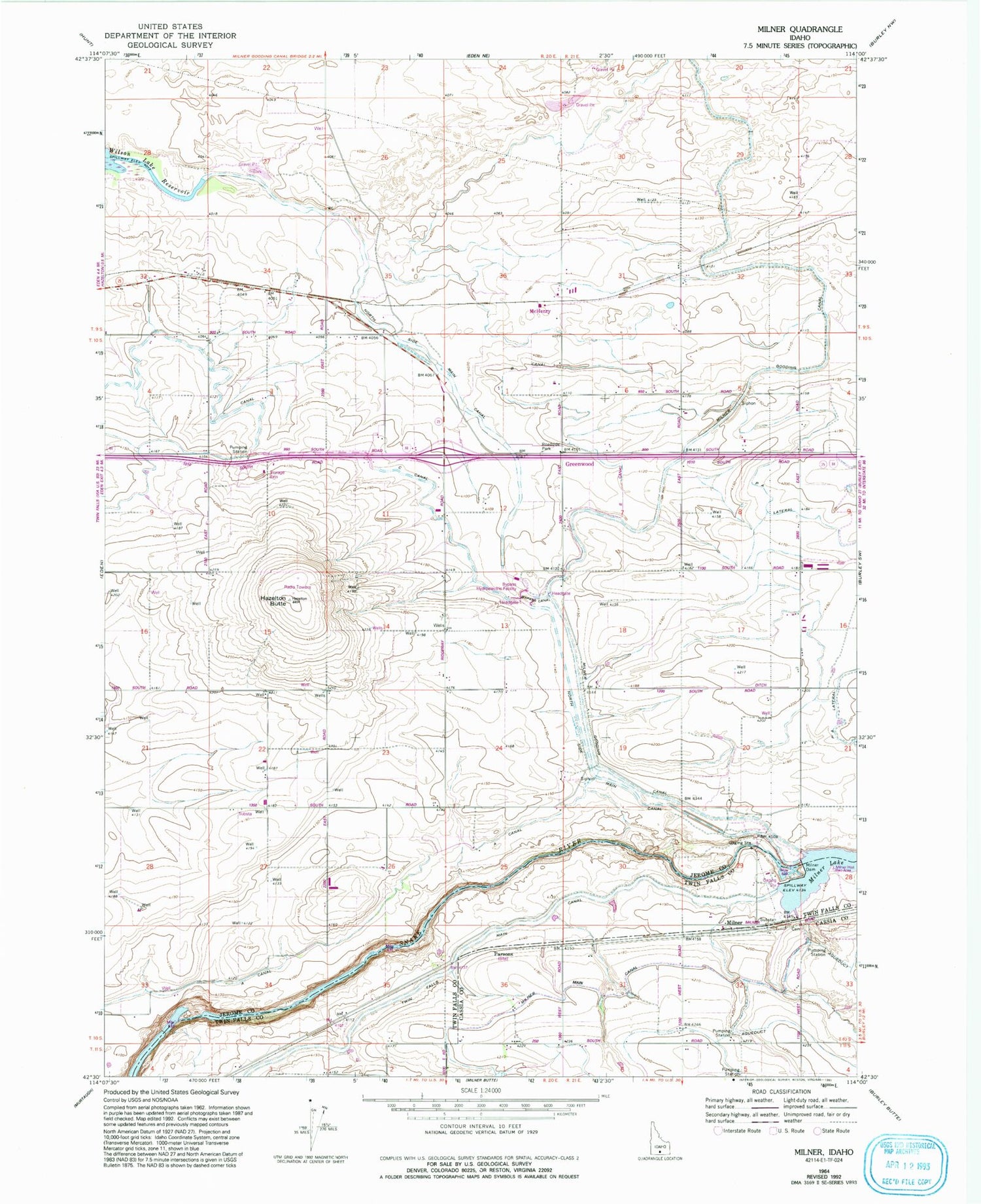 Classic USGS Milner Idaho 7.5'x7.5' Topo Map Image