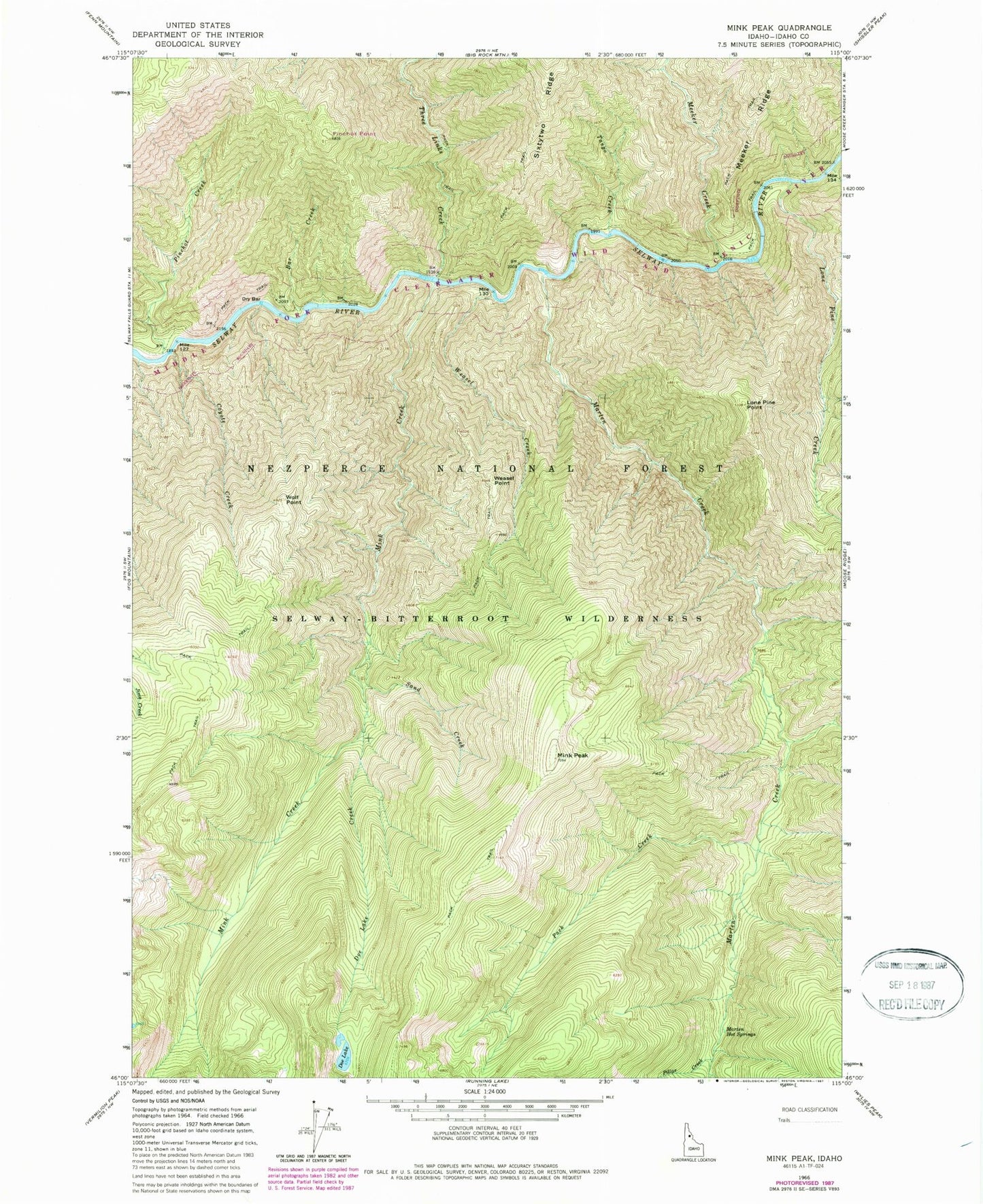 Classic USGS Mink Peak Idaho 7.5'x7.5' Topo Map Image