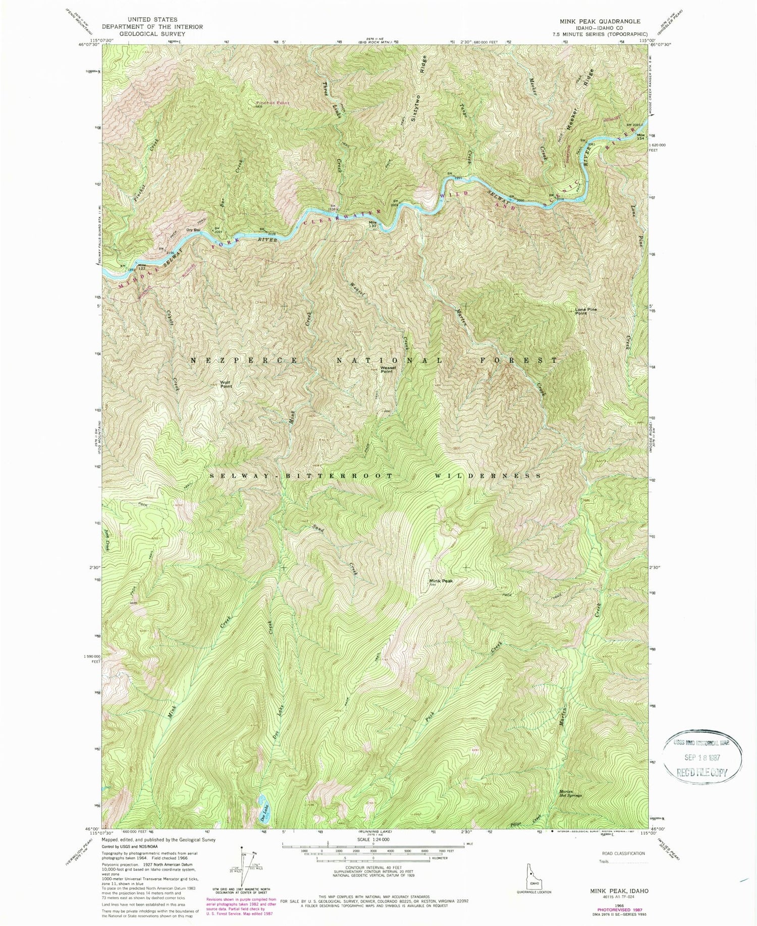 Classic USGS Mink Peak Idaho 7.5'x7.5' Topo Map Image