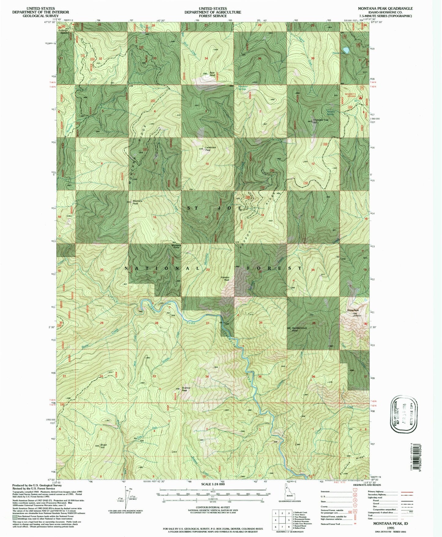 Classic USGS Montana Peak Idaho 7.5'x7.5' Topo Map Image