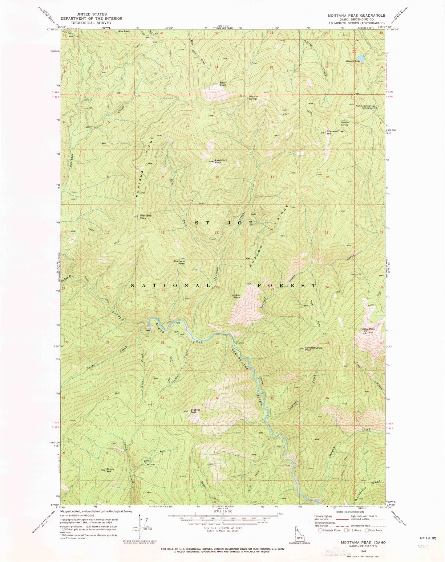 Classic USGS Montana Peak Idaho 7.5'x7.5' Topo Map Image