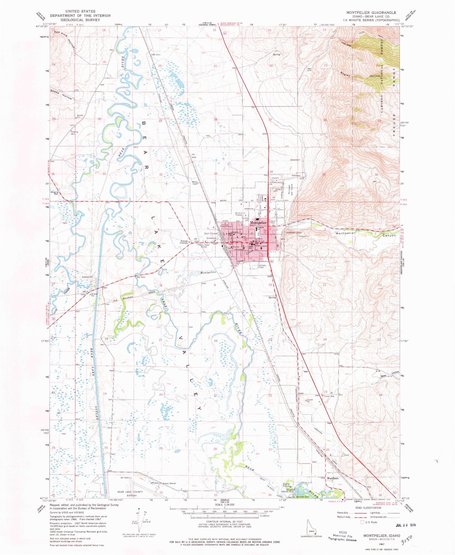 Classic USGS Montpelier Idaho 7.5'x7.5' Topo Map Image