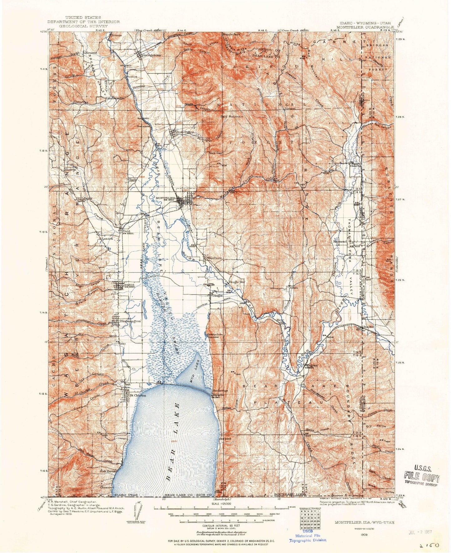 Historic 1909 Montpelier Idaho 30'x30' Topo Map Image
