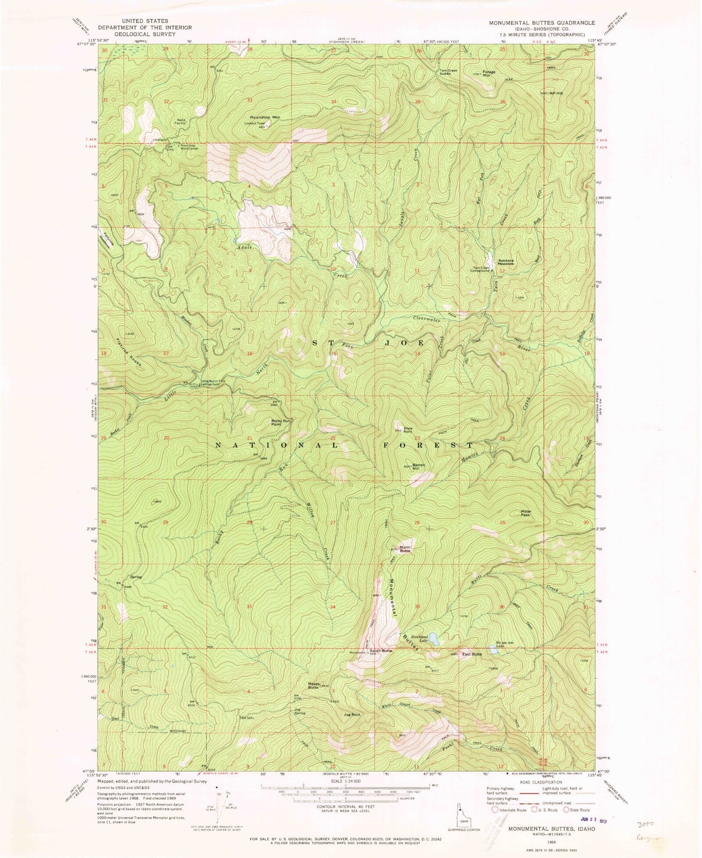 Classic USGS Monumental Buttes Idaho 7.5'x7.5' Topo Map Image