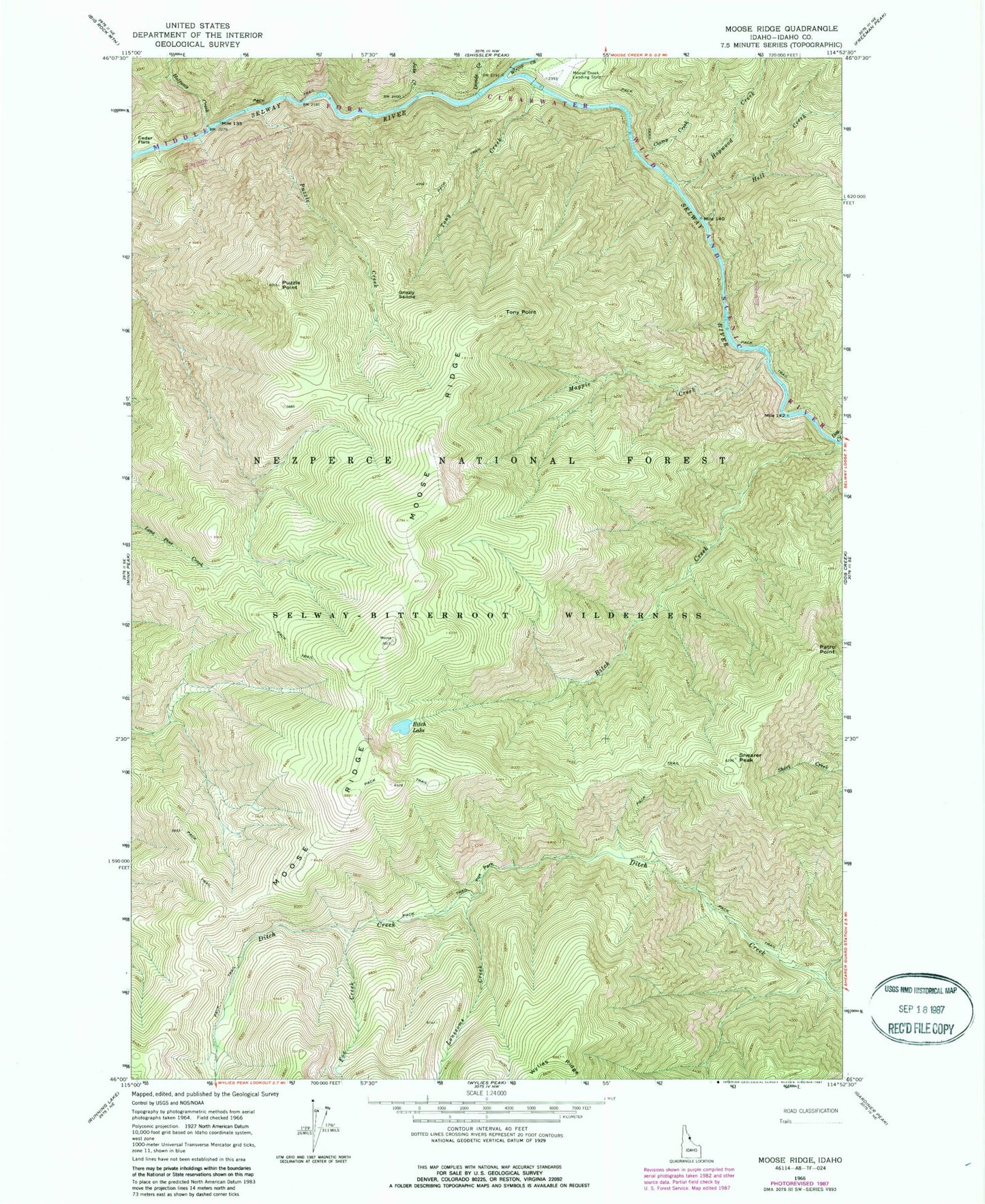 Classic USGS Moose Ridge Idaho 7.5'x7.5' Topo Map Image
