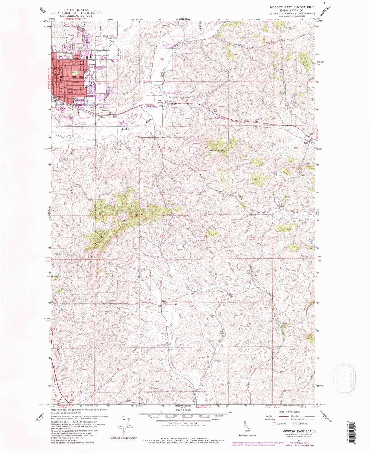 Classic USGS Moscow East Idaho 7.5'x7.5' Topo Map Image