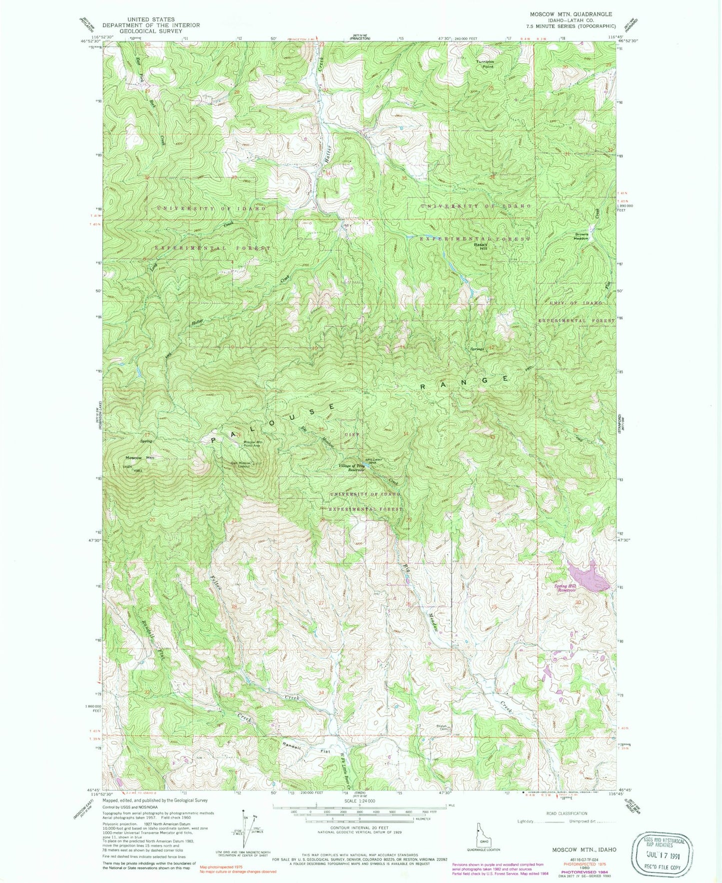 Classic USGS Moscow Mountain Idaho 7.5'x7.5' Topo Map Image