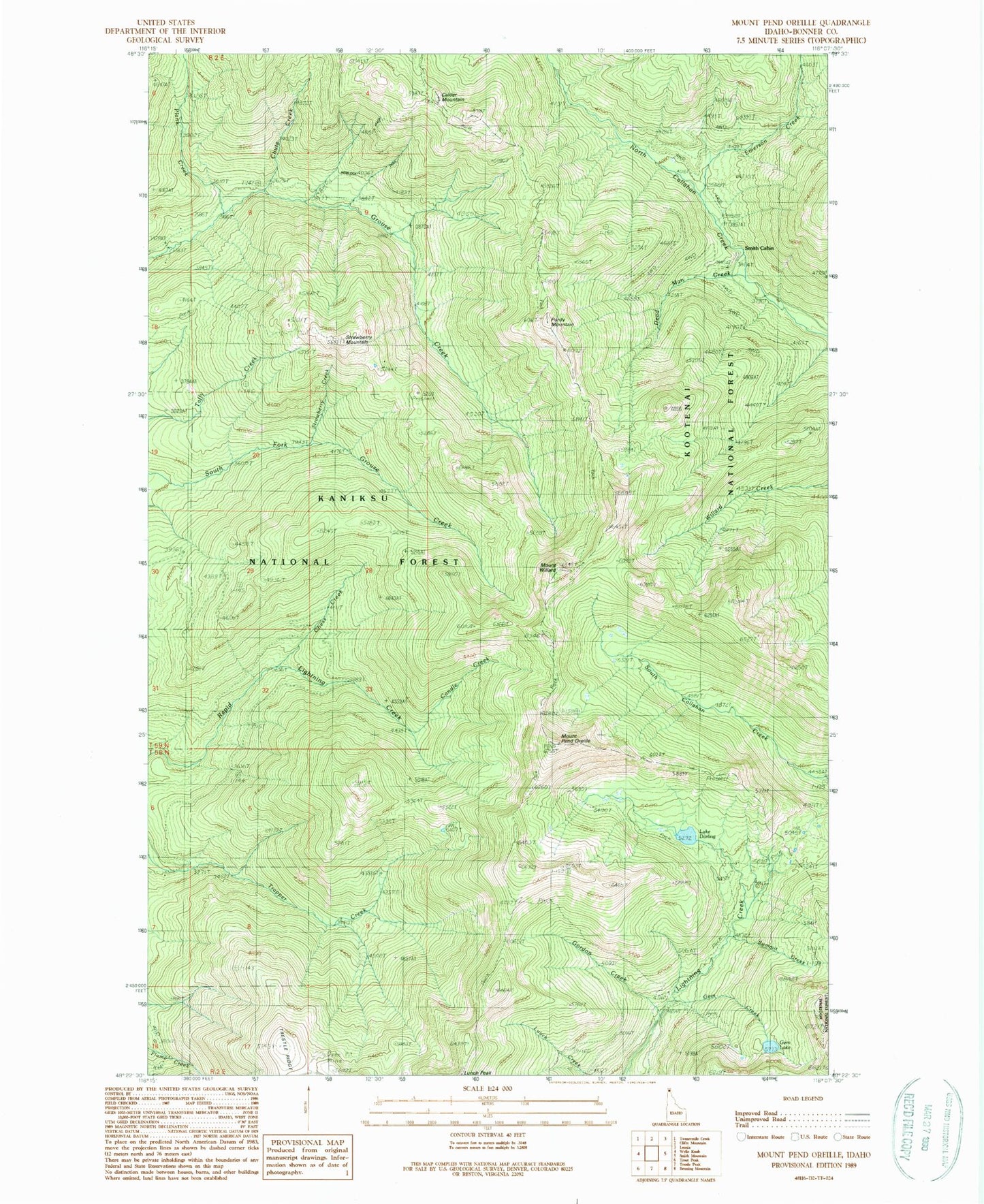 Classic USGS Mount Pend Oreille Idaho 7.5'x7.5' Topo Map Image