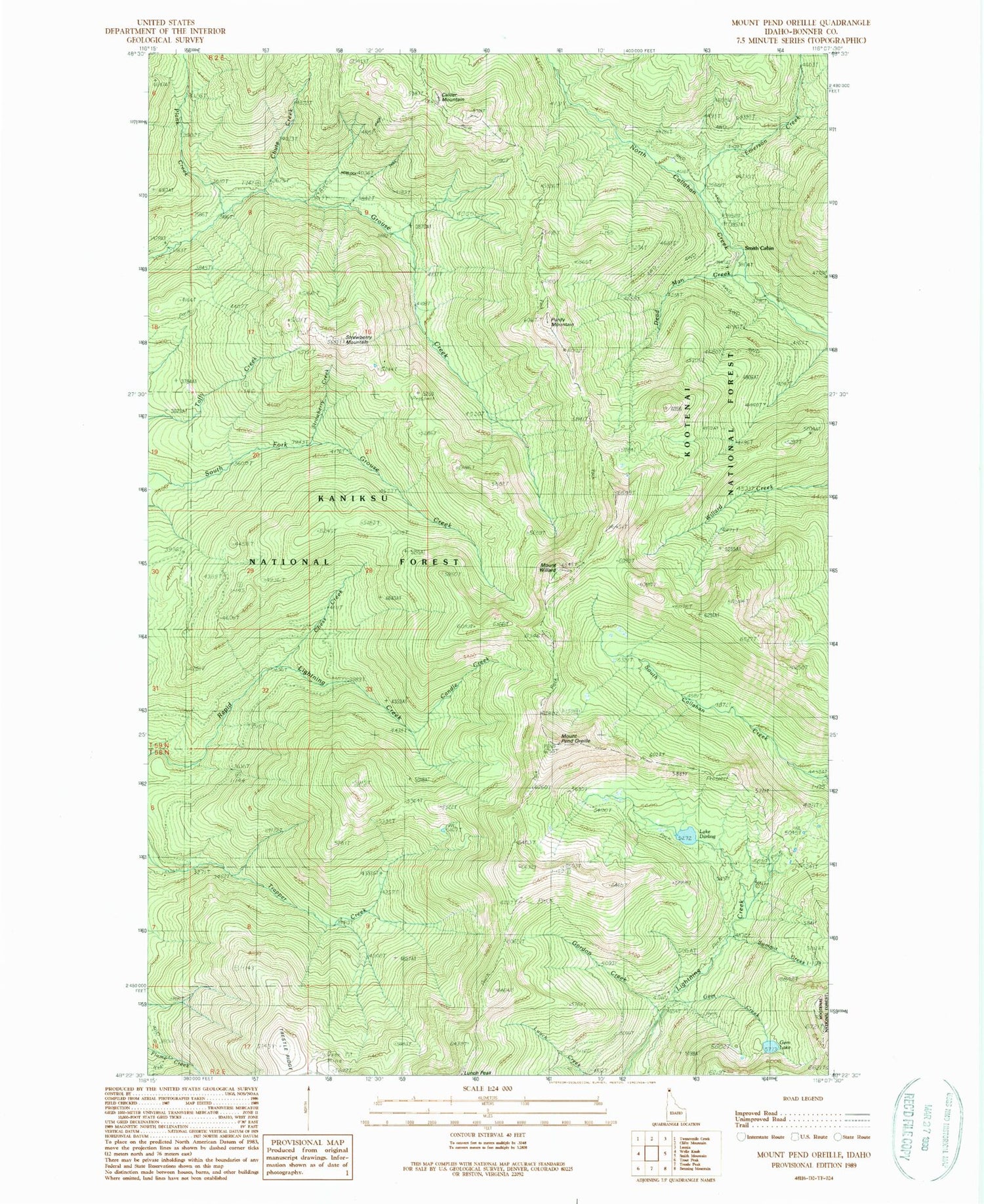 Classic USGS Mount Pend Oreille Idaho 7.5'x7.5' Topo Map Image