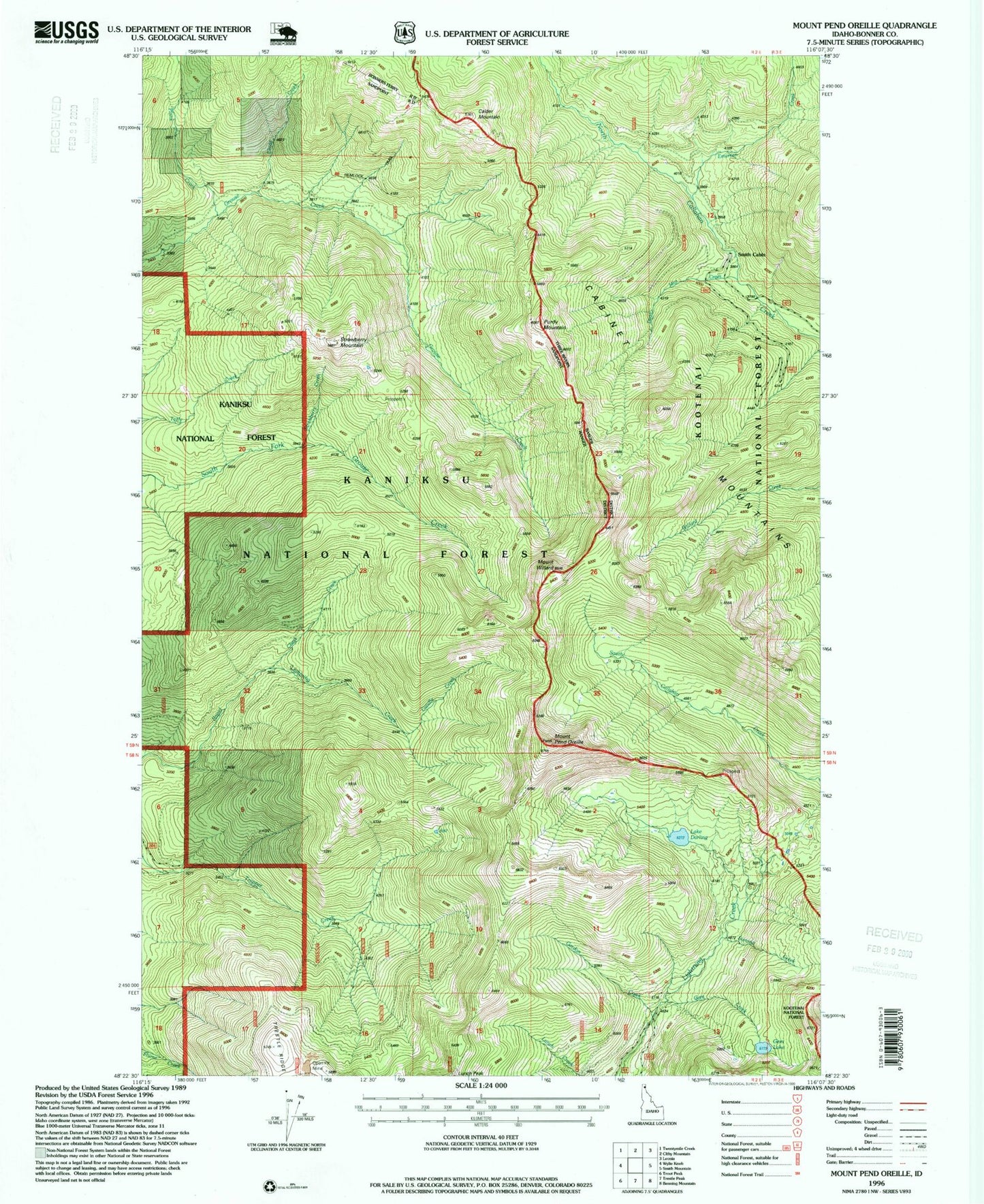 Classic USGS Mount Pend Oreille Idaho 7.5'x7.5' Topo Map Image