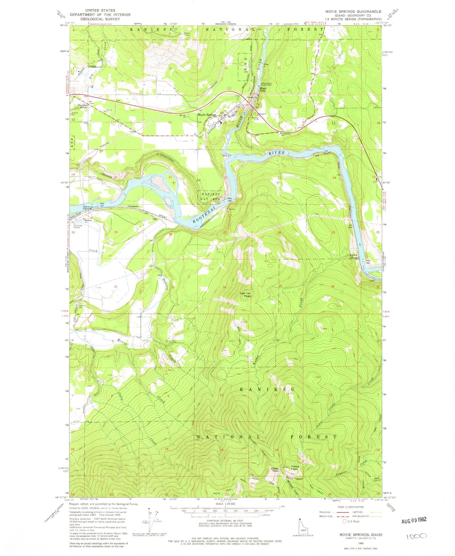 Classic USGS Moyie Springs Idaho 7.5'x7.5' Topo Map Image