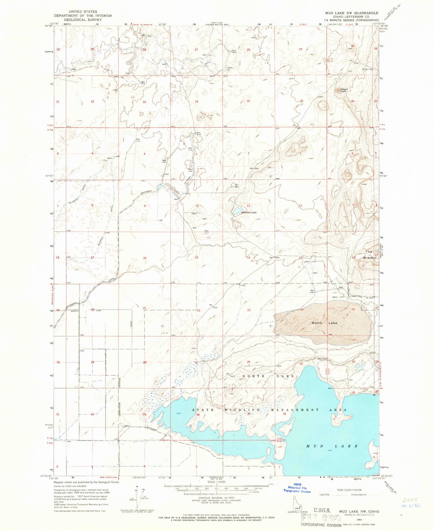 Classic USGS Mud Lake NW Idaho 7.5'x7.5' Topo Map Image