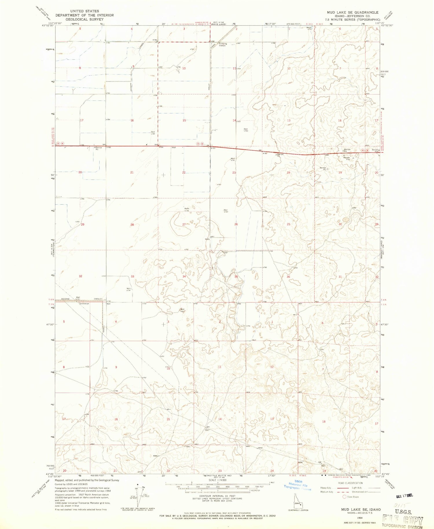 Classic USGS Mud Lake SE Idaho 7.5'x7.5' Topo Map Image