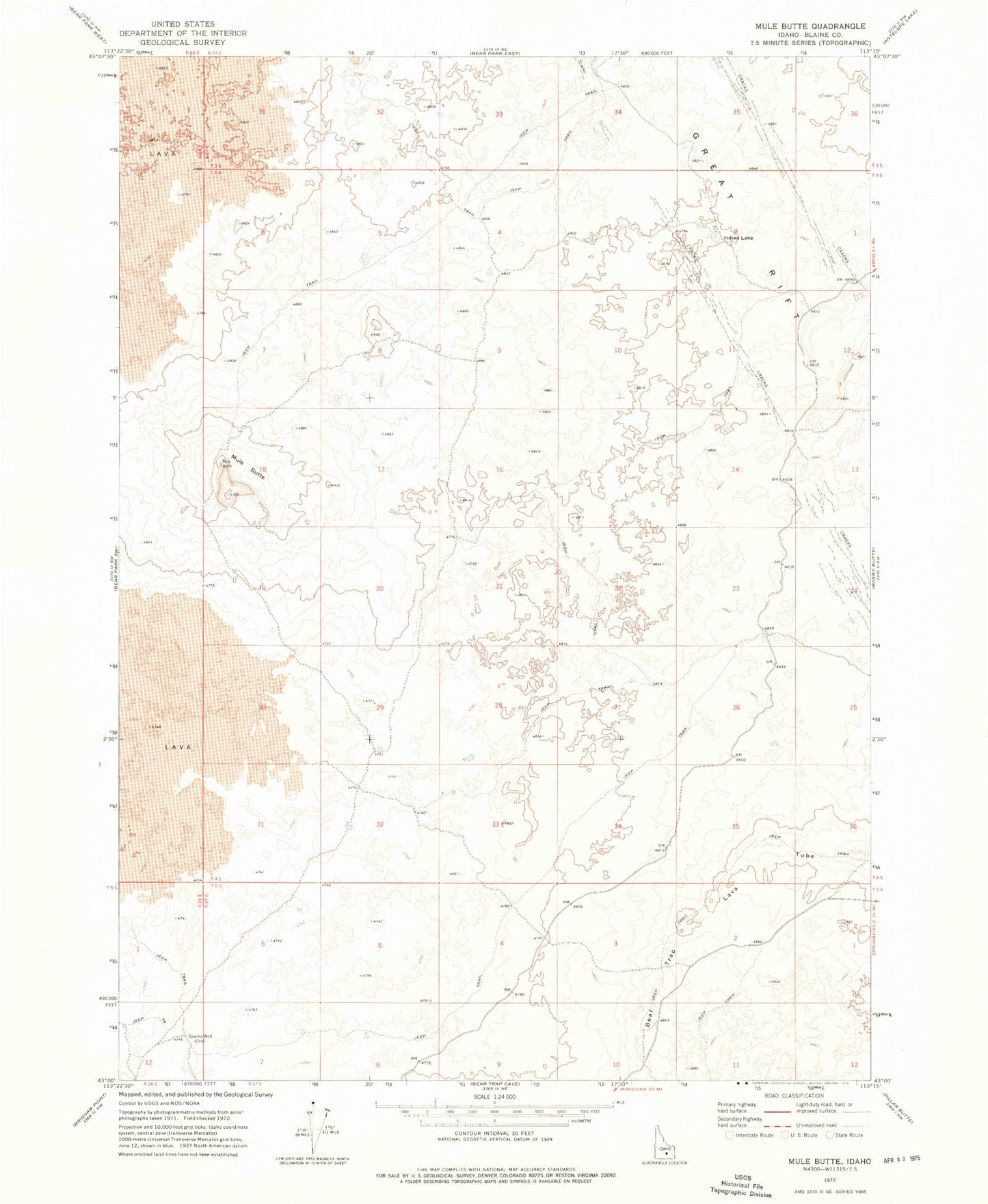 Classic USGS Mule Butte Idaho 7.5'x7.5' Topo Map Image