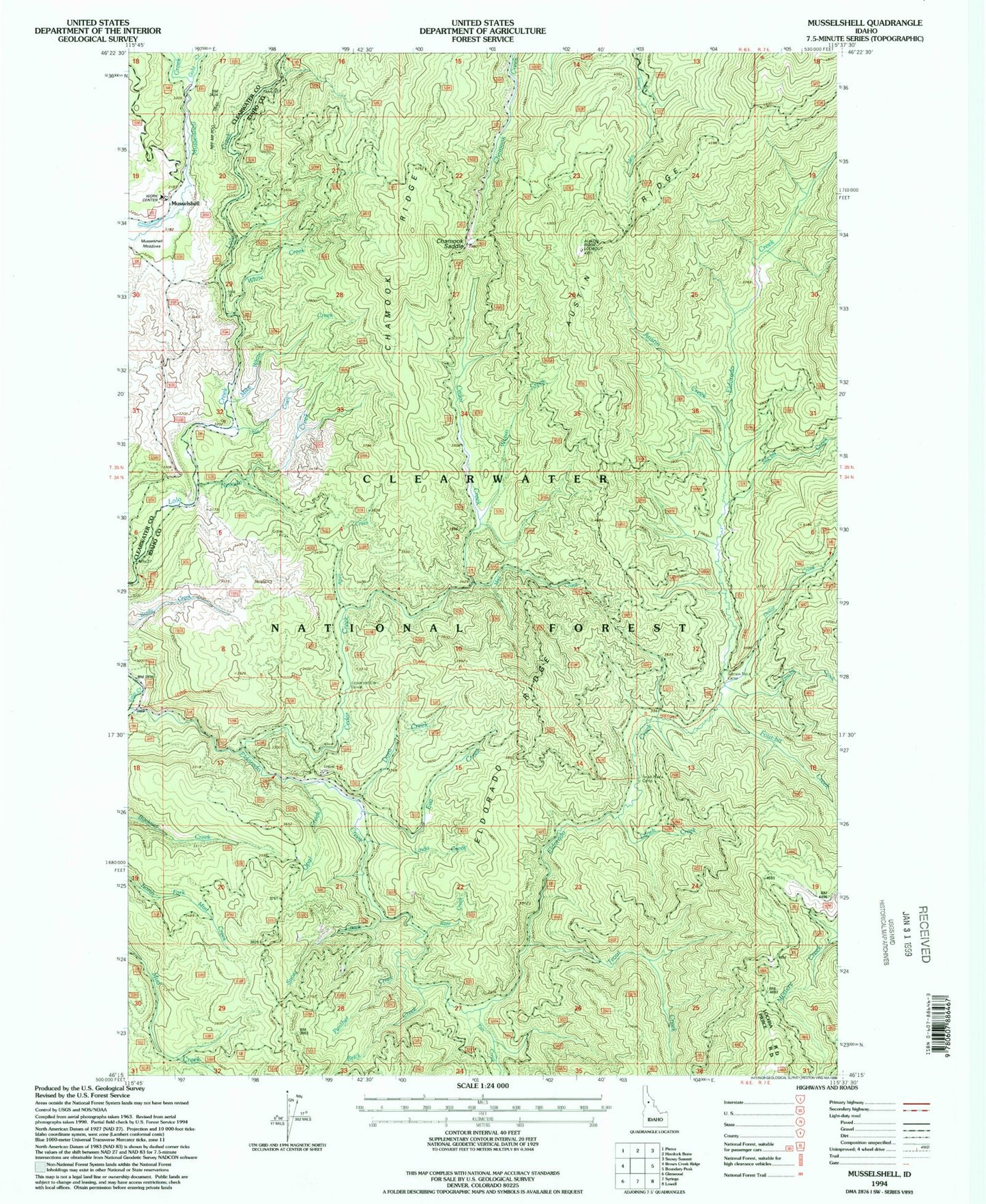 Classic USGS Musselshell Idaho 7.5'x7.5' Topo Map Image