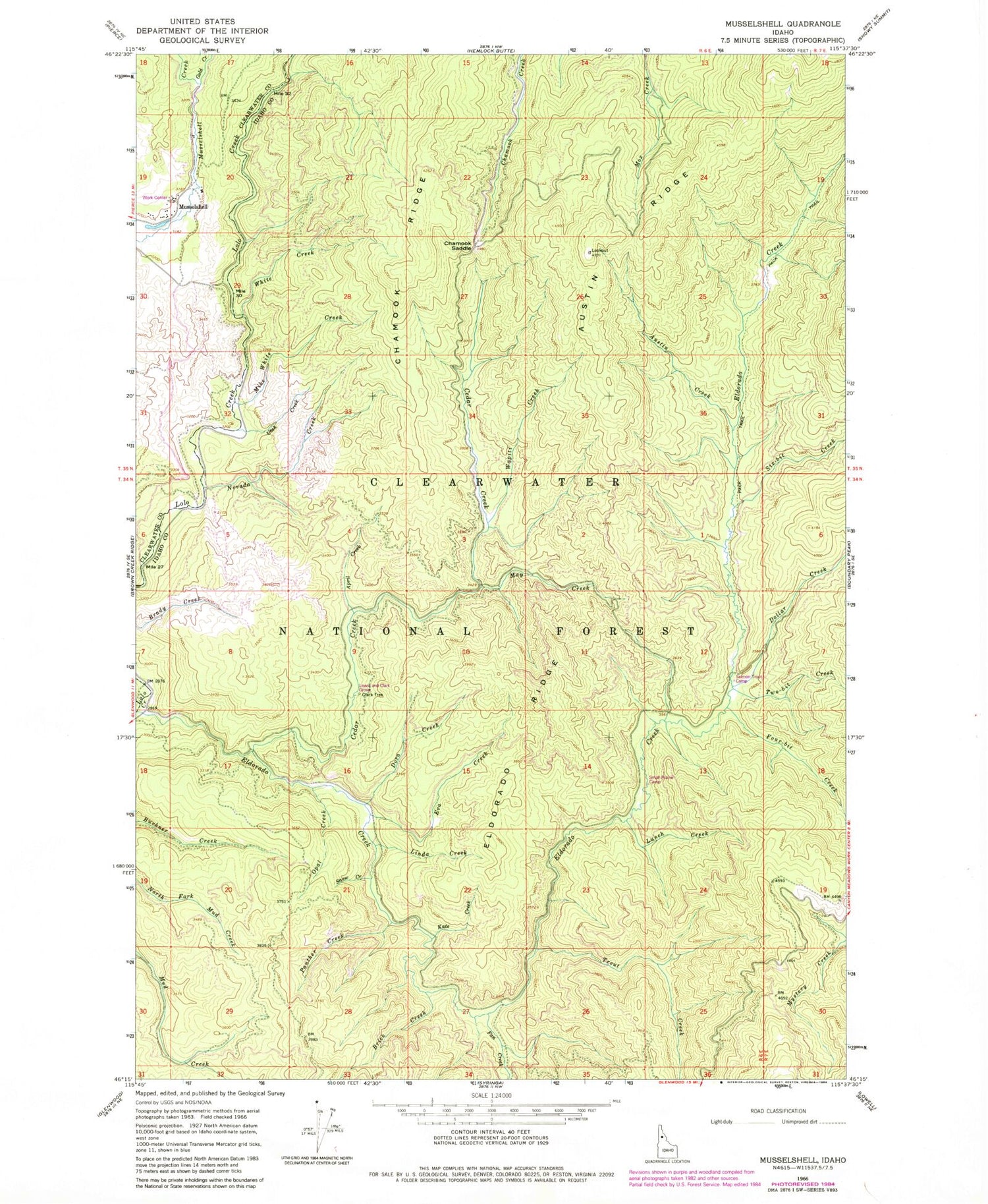 Classic USGS Musselshell Idaho 7.5'x7.5' Topo Map Image