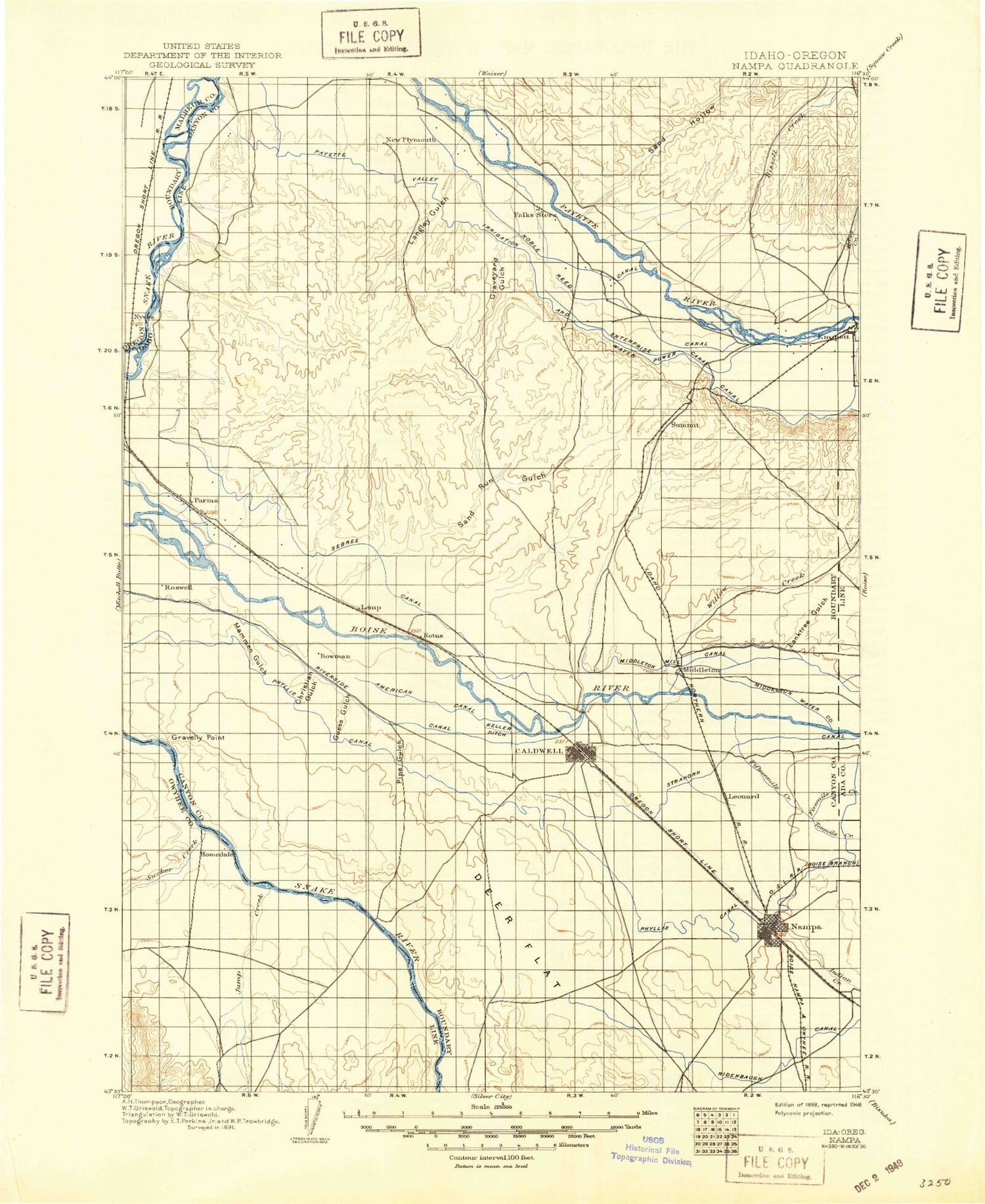 Historic 1898 Nampa Idaho 30'x30' Topo Map Image