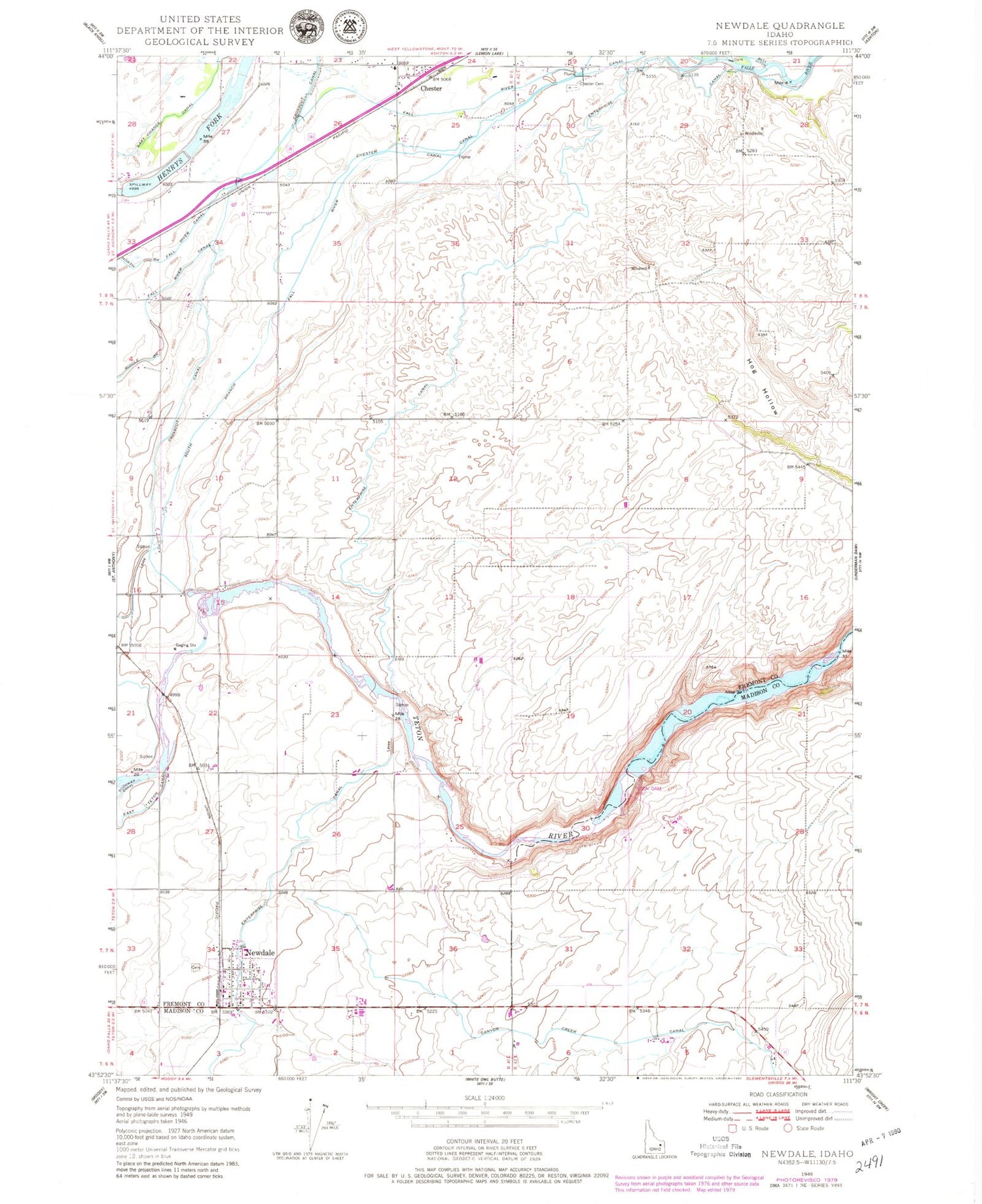Classic USGS Newdale Idaho 7.5'x7.5' Topo Map Image
