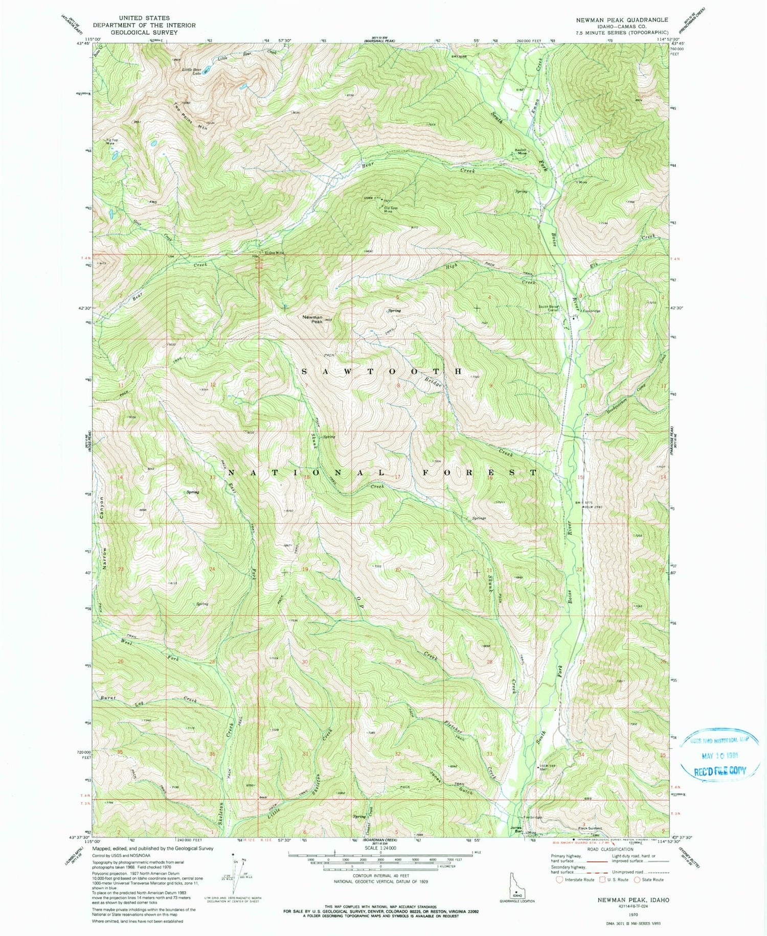 Classic USGS Newman Peak Idaho 7.5'x7.5' Topo Map Image