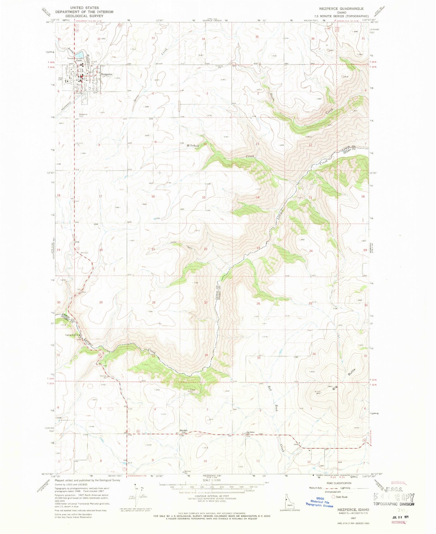 Classic USGS Nezperce Idaho 7.5'x7.5' Topo Map Image