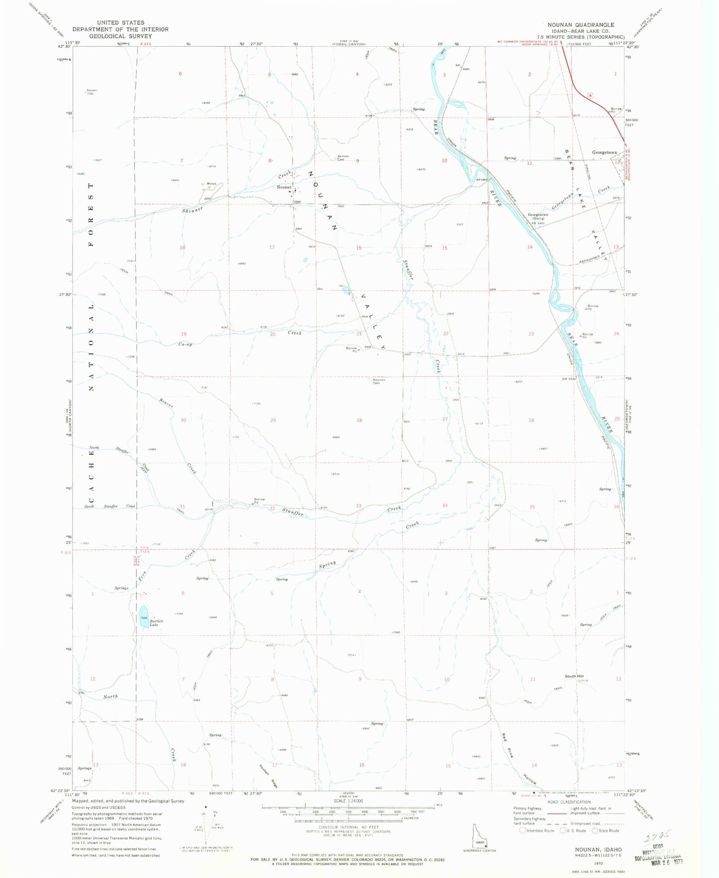 Classic USGS Nounan Idaho 7.5'x7.5' Topo Map Image