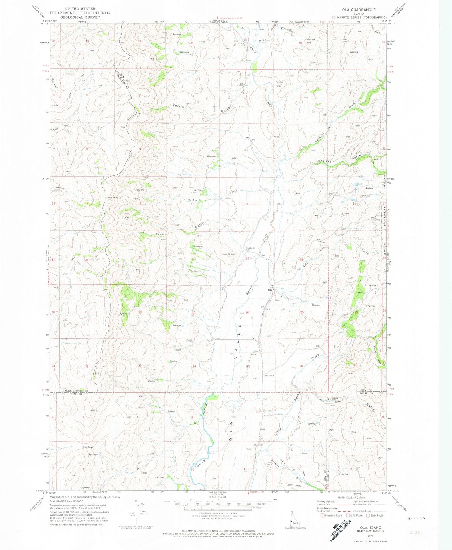 Classic USGS Ola Idaho 7.5'x7.5' Topo Map Image