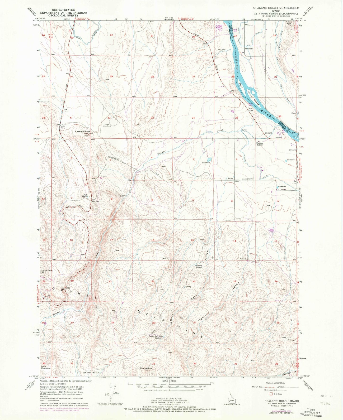 Classic USGS Opalene Gulch Idaho 7.5'x7.5' Topo Map Image