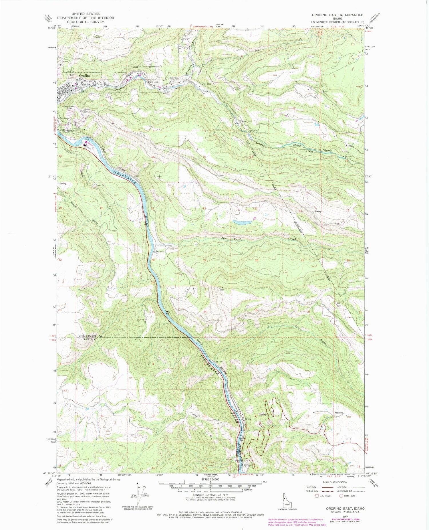 Classic USGS Orofino East Idaho 7.5'x7.5' Topo Map Image