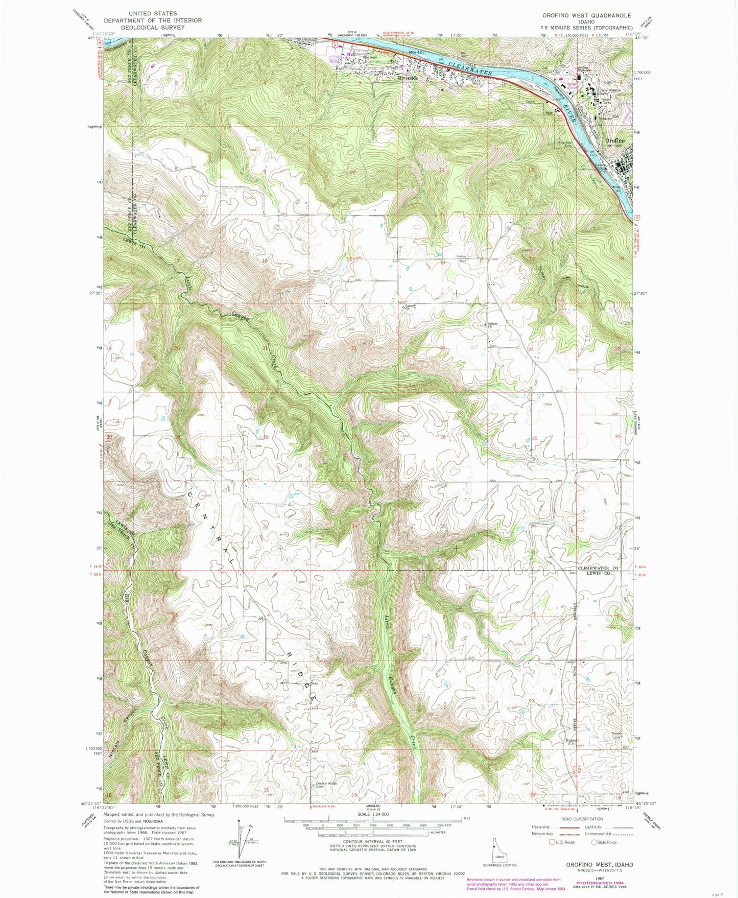 Classic USGS Orofino West Idaho 7.5'x7.5' Topo Map Image