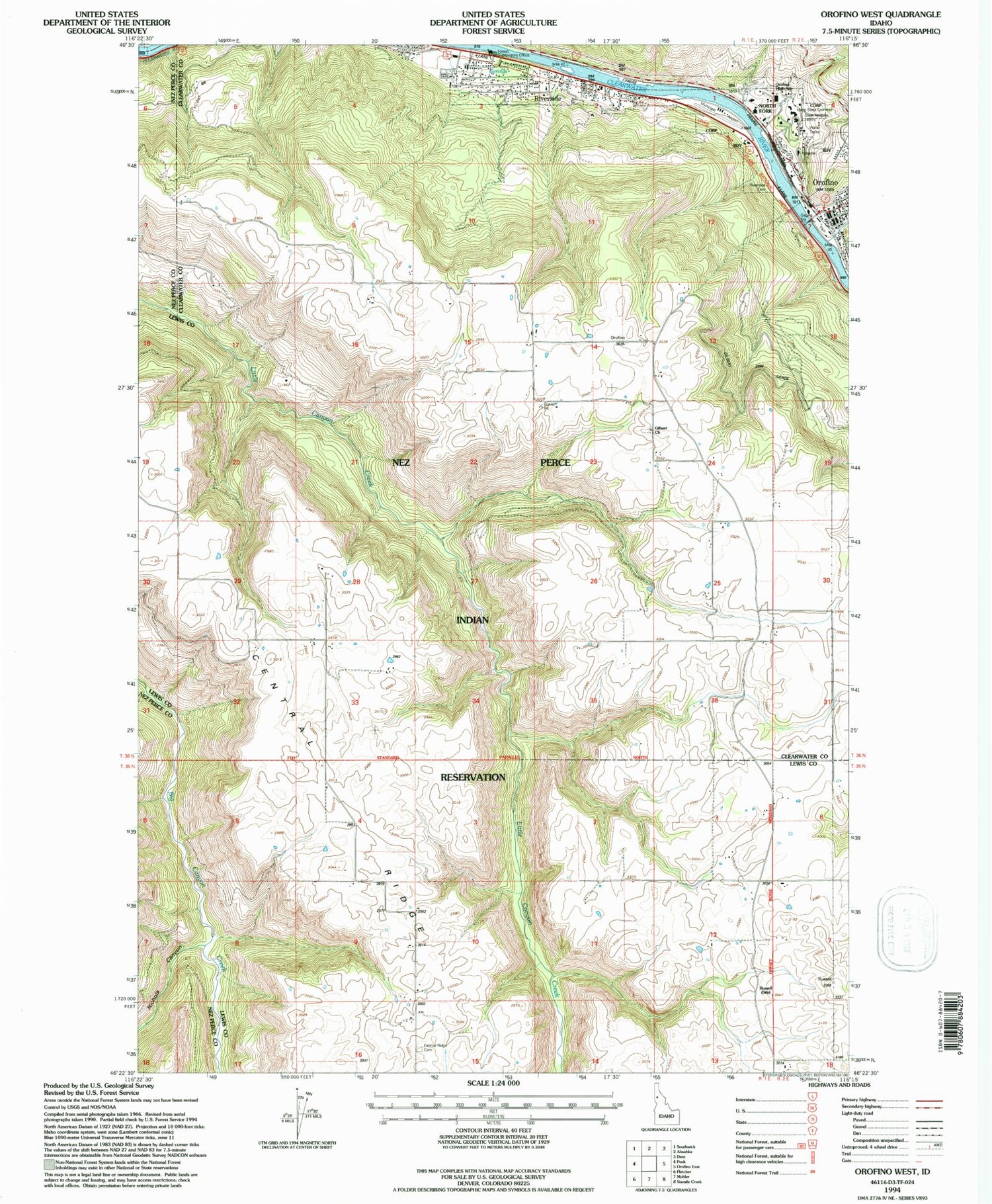 Classic USGS Orofino West Idaho 7.5'x7.5' Topo Map Image