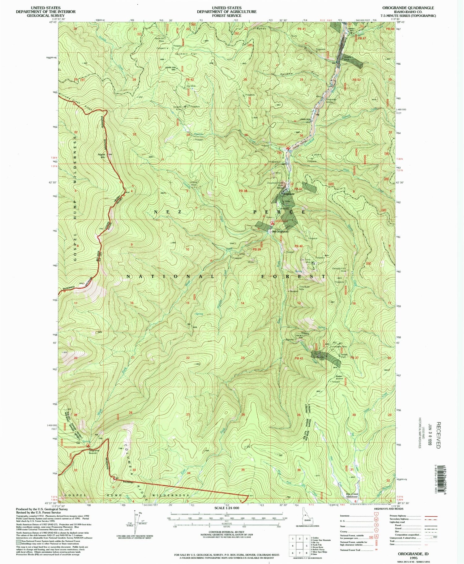 Classic USGS Orogrande Idaho 7.5'x7.5' Topo Map Image