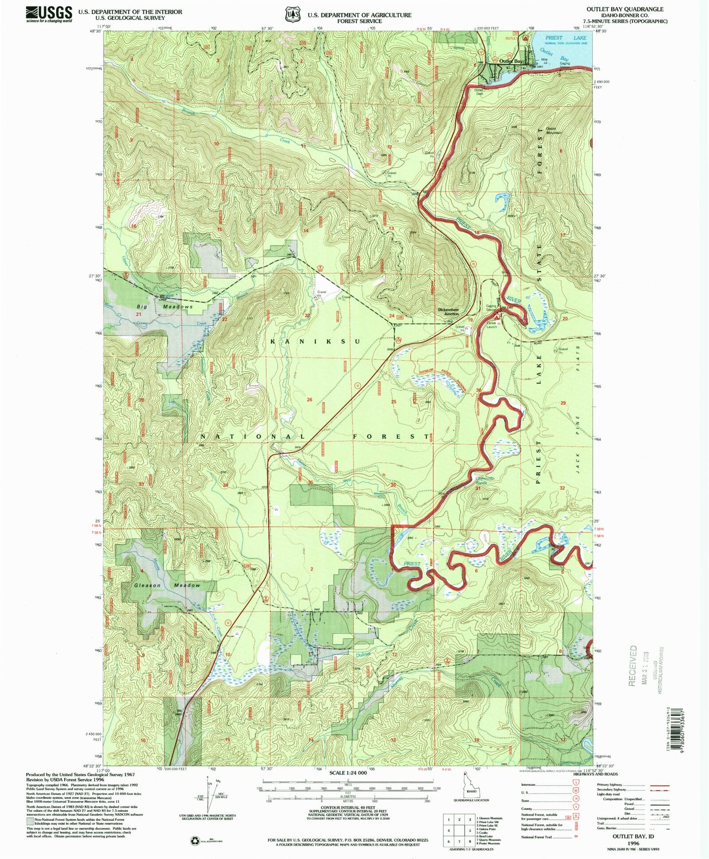Classic USGS Outlet Bay Idaho 7.5'x7.5' Topo Map Image
