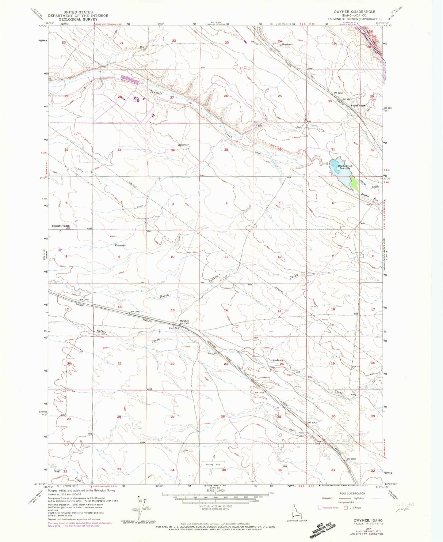 Classic USGS Owyhee Idaho 7.5'x7.5' Topo Map Image
