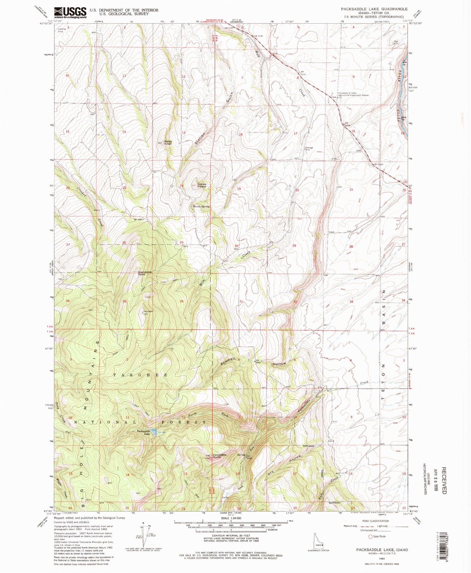 Classic USGS Packsaddle Lake Idaho 7.5'x7.5' Topo Map Image
