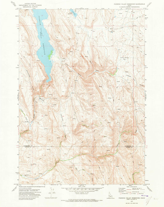 Classic USGS Paddock Valley Reservoir Idaho 7.5'x7.5' Topo Map Image