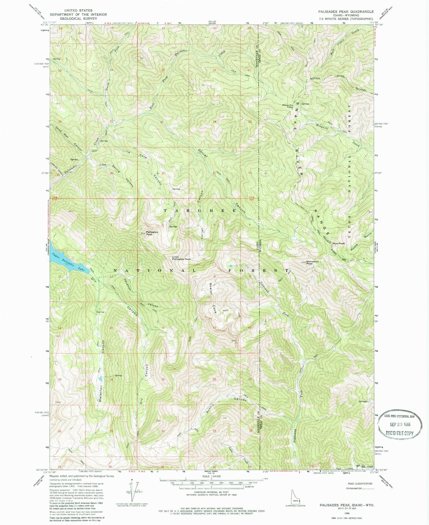 Classic USGS Palisades Peak Idaho 7.5'x7.5' Topo Map Image