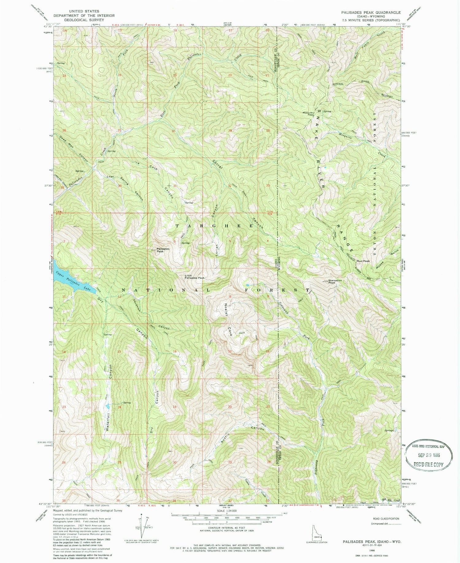 Classic USGS Palisades Peak Idaho 7.5'x7.5' Topo Map Image