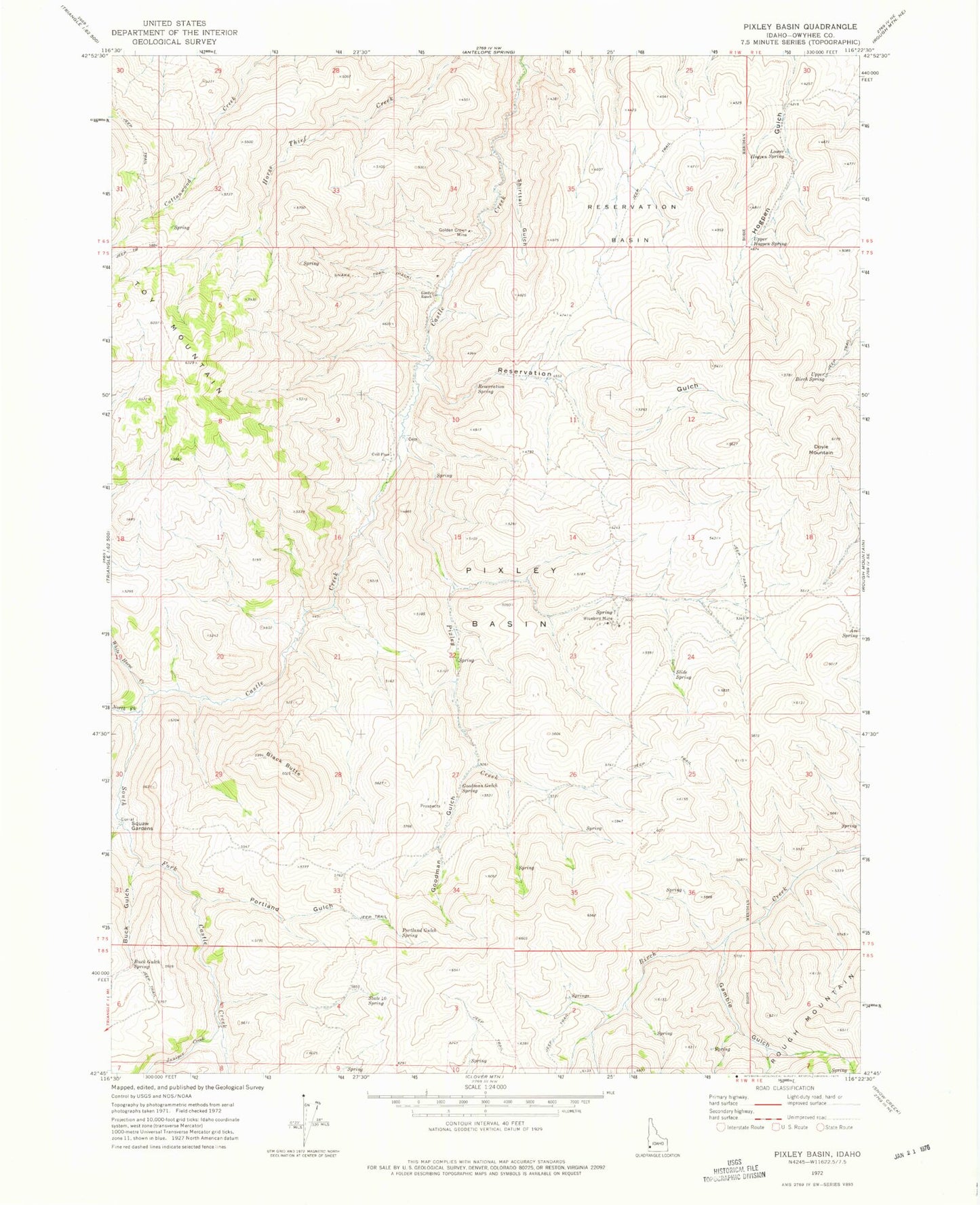 Classic USGS Pixley Basin Idaho 7.5'x7.5' Topo Map Image
